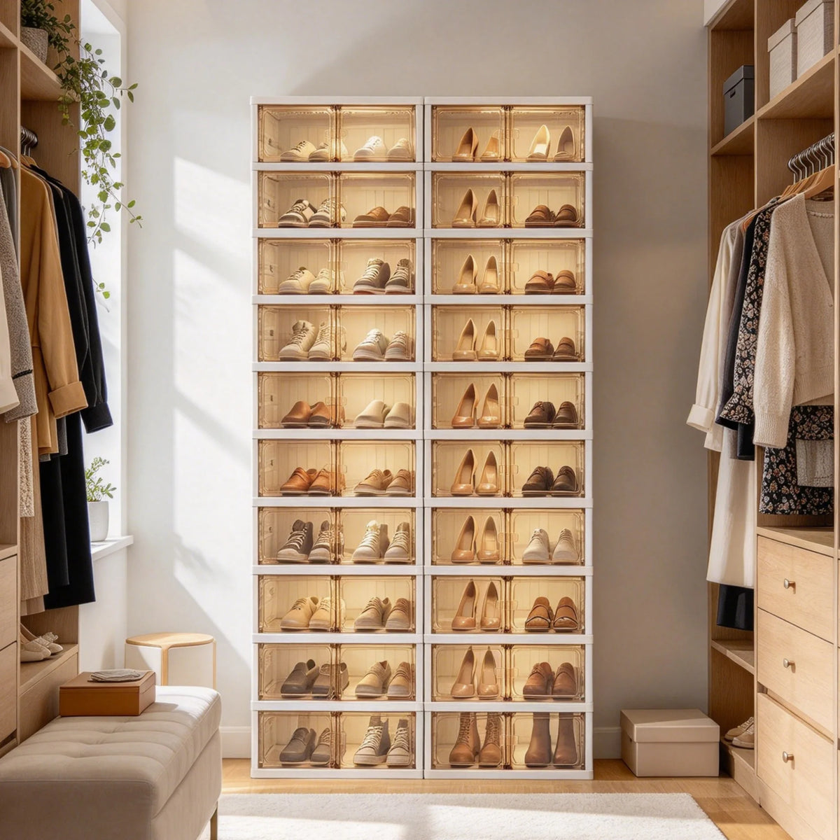 2-Pack 10-Tier Foldable Shoe Rack Organizer – 40 Pairs, Stackable Storage Cabinet with Clear Doors