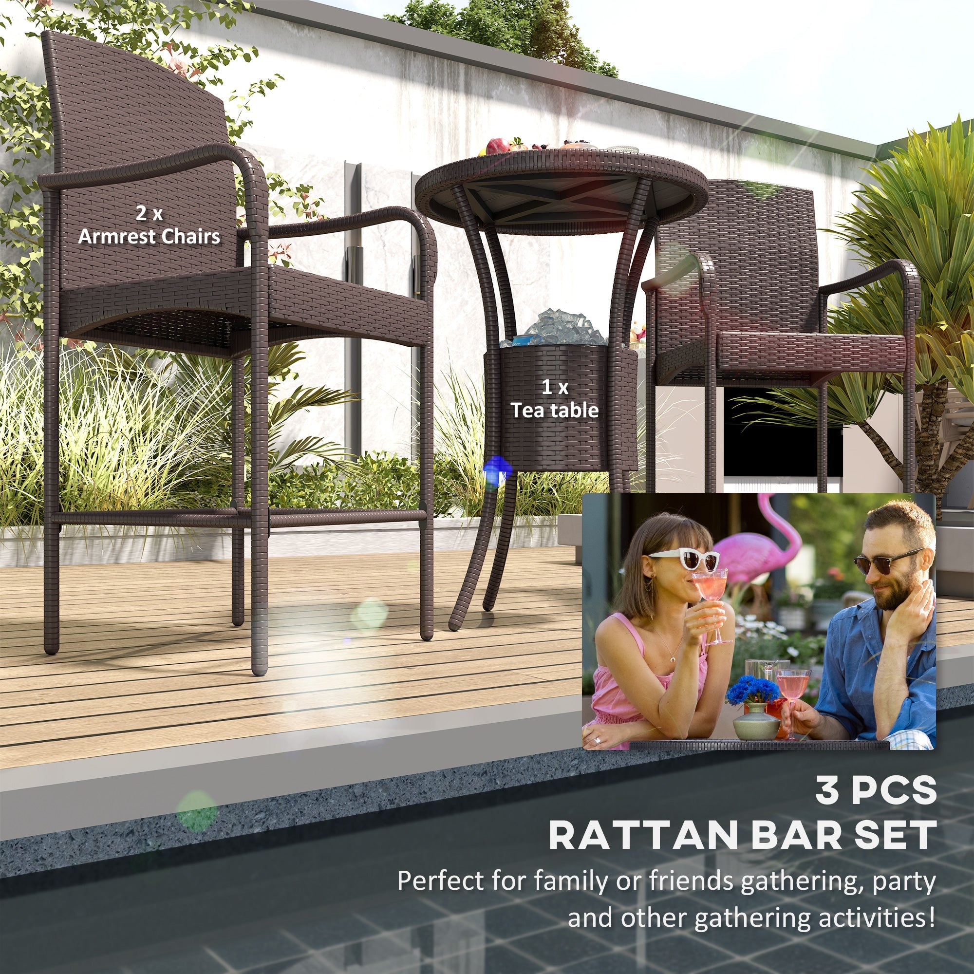 Outsunny 3 Pieces Patio Bar Set Rattan Bistro Table and High Chairs Garden Wicker Outdoor Conversation Furniture, Brown 