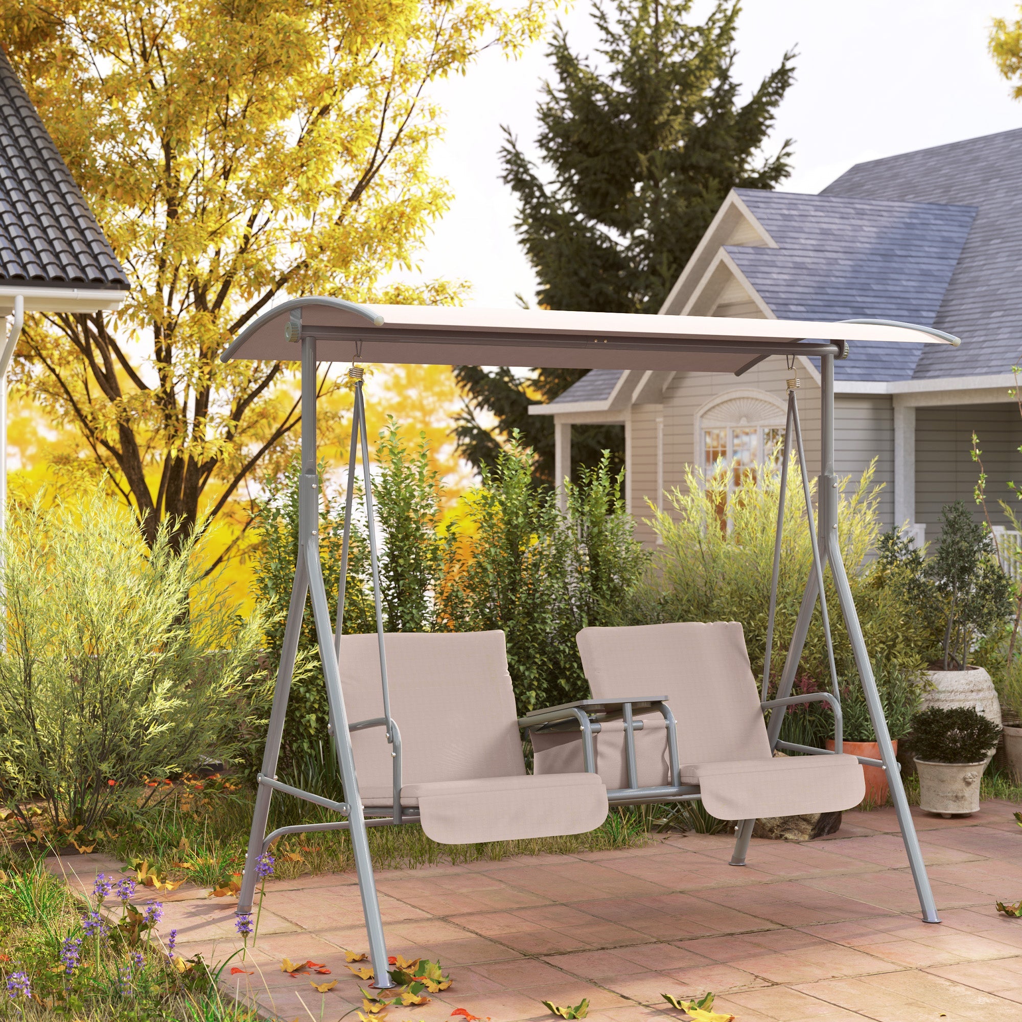 Outsunny Double Outdoor Swing Chair 2 Person Covered Swing Porch Swing w/ Pivot Table and Storage Console, Beige 