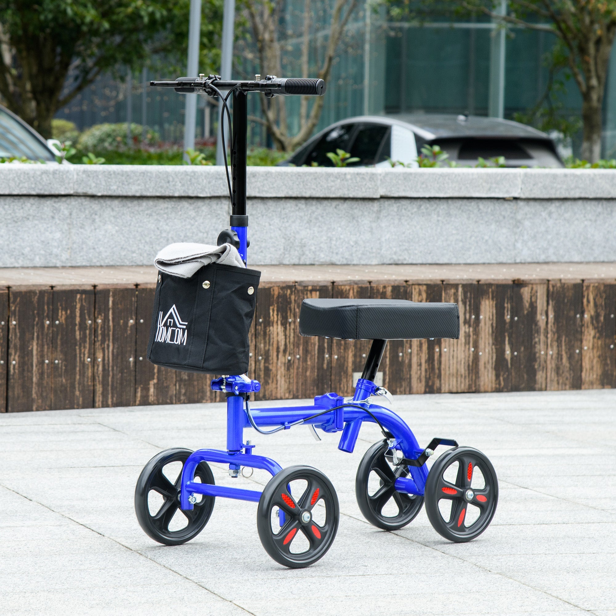 HOMCOM Steerable Knee Walker, Foldable Knee Scooter with Dual Braking System, Adjustable Height, Crutch Alternative, Blue 