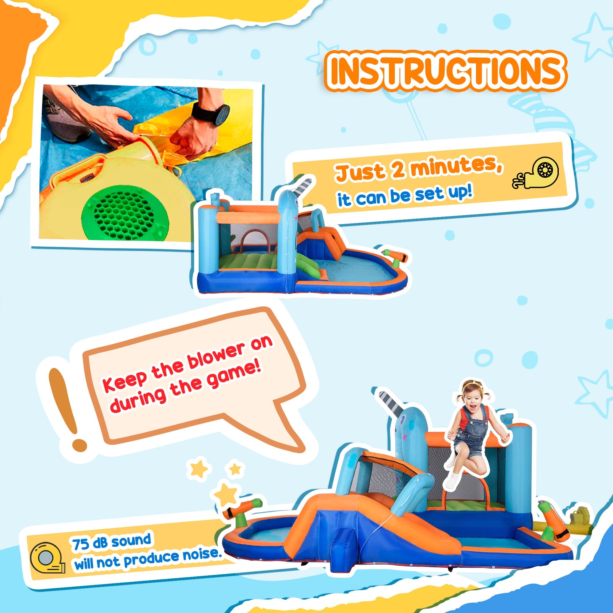 Outsunny Narwhals Style 5-in-1 Inflatable Water Slide Kids Bounce House with Trampoline Climbing Wall Slide Carry Bag 