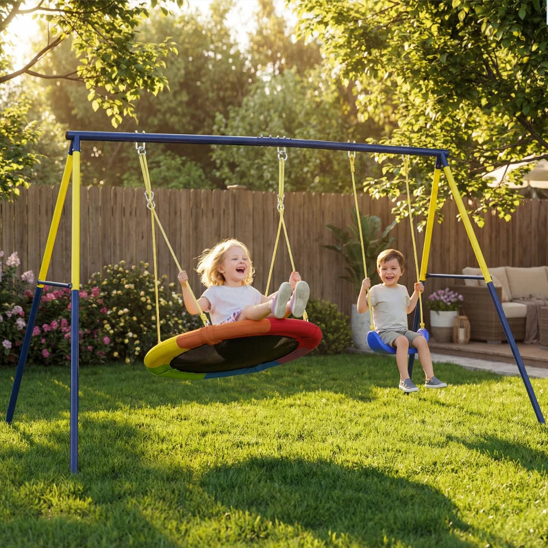 Qaba Kids Swing Set, Heavy Duty Metal 2 Seat Swing Stand Set with Ground Stakes, Supports 150 , Indoor Outdoor, Blue