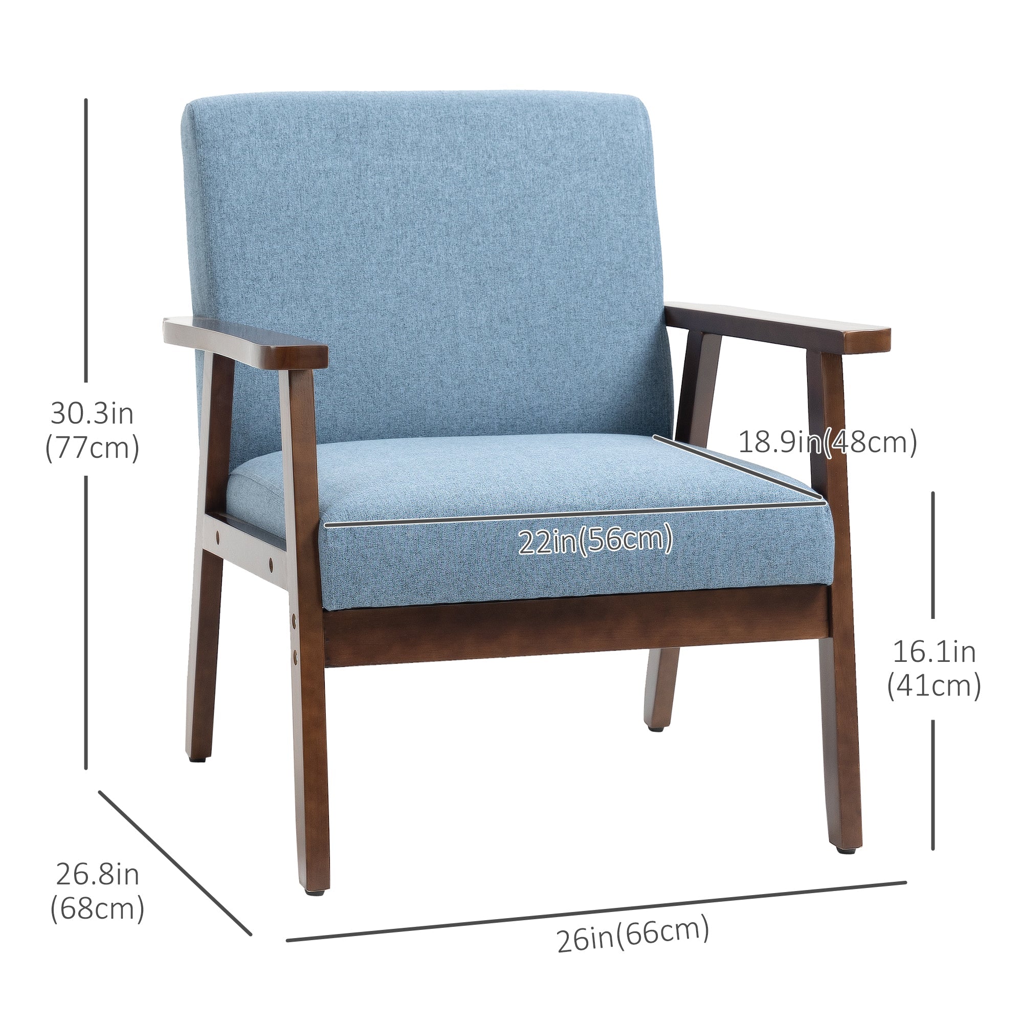 HOMCOM Modern Linen Armchair: Cushioned Seat, Wood Legs, Bedroom/Living Room, Blue 