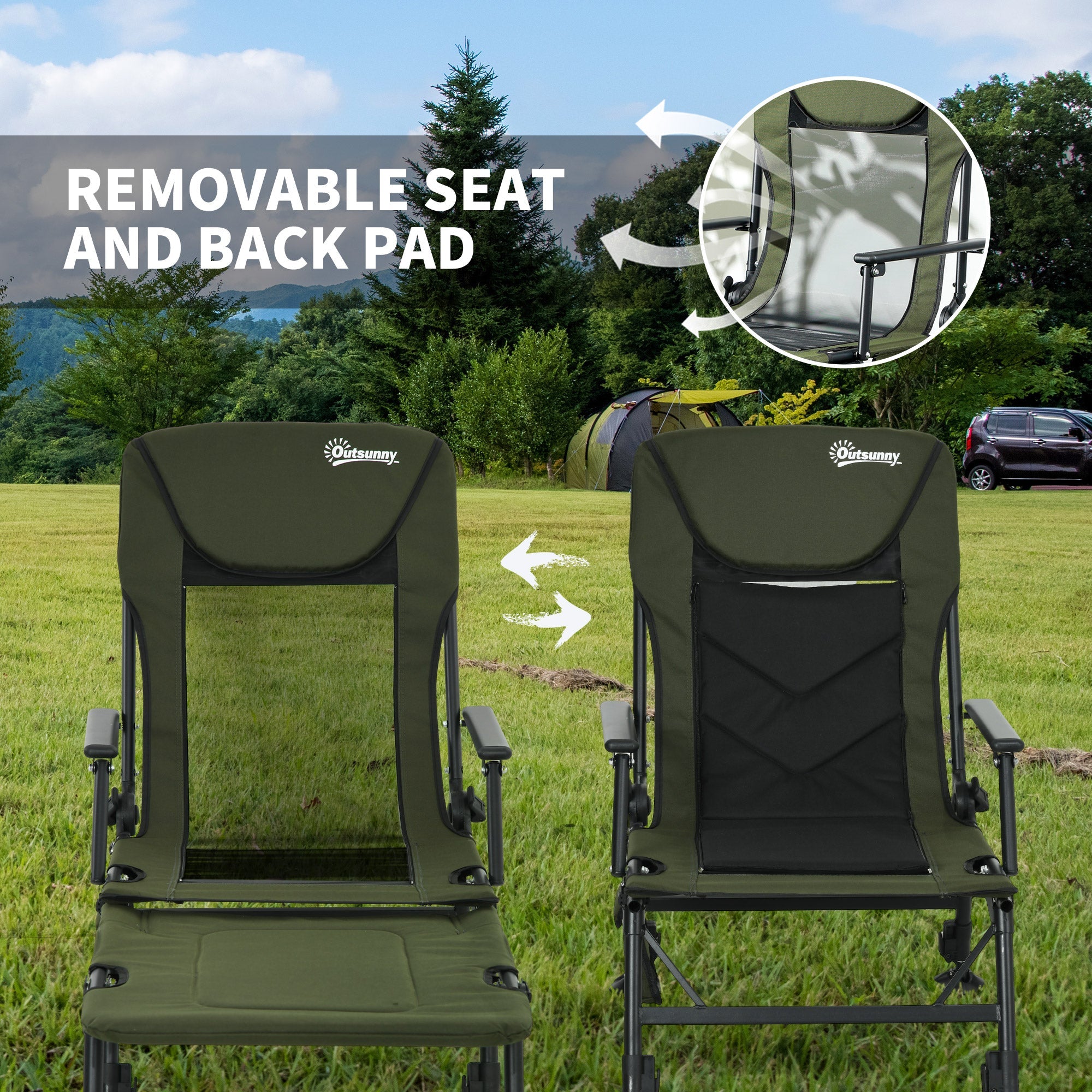 Outsunny Fishing Chair Heavy Duty 330lb Capacity Reclining Backrest Footrest Adjustable Legs Dark Green Color 