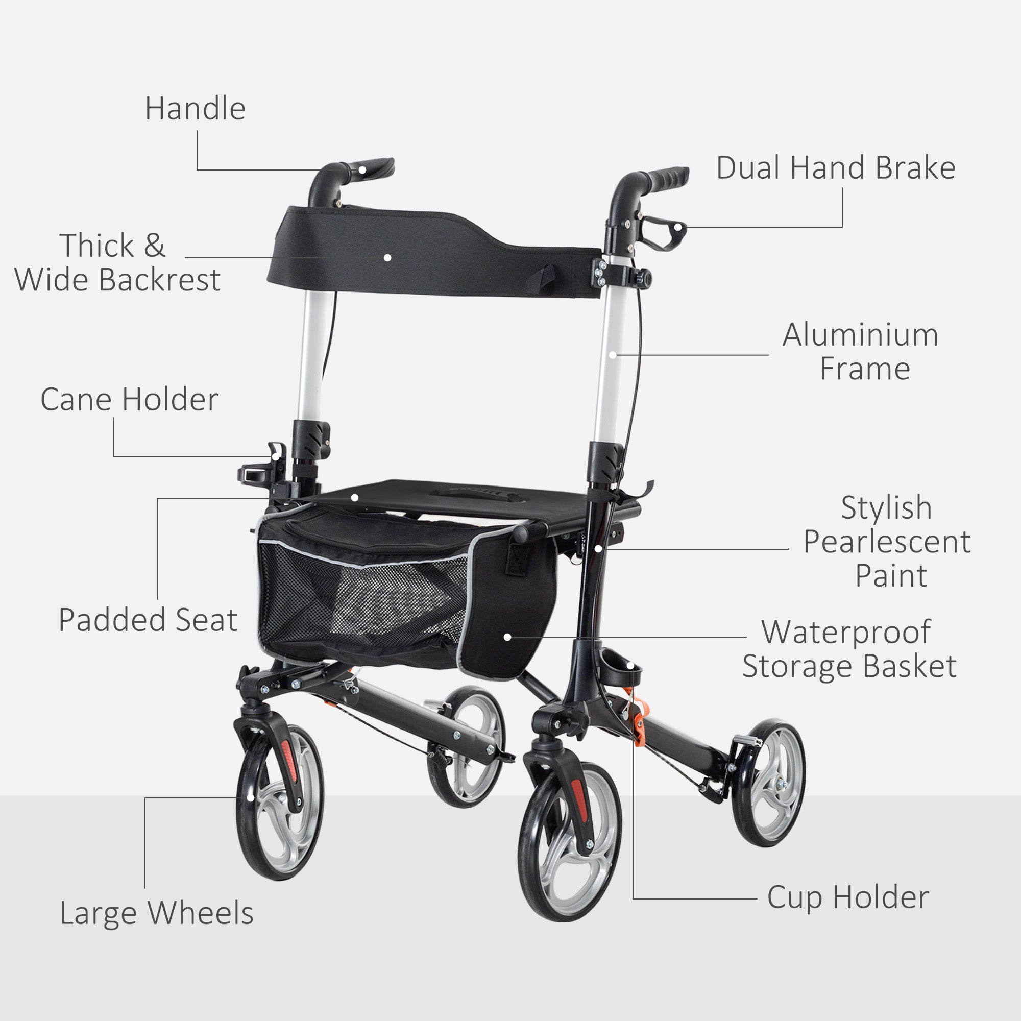HOMCOM Lightweight Folding Rolling Walker with Large Seat, Back, Adjustable Handle, Bag, Dual Brake, Cane Holder, Black 