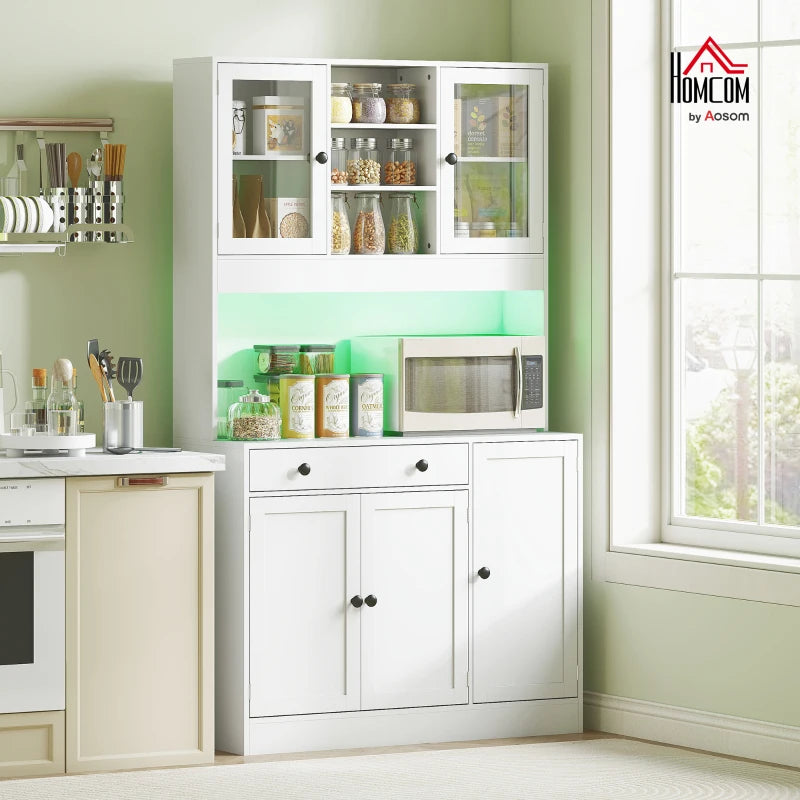 Tall Kitchen Pantry with LED Light, Freestanding Storage Cabinet with Hutch, Shelves, Drawer, Doors, White