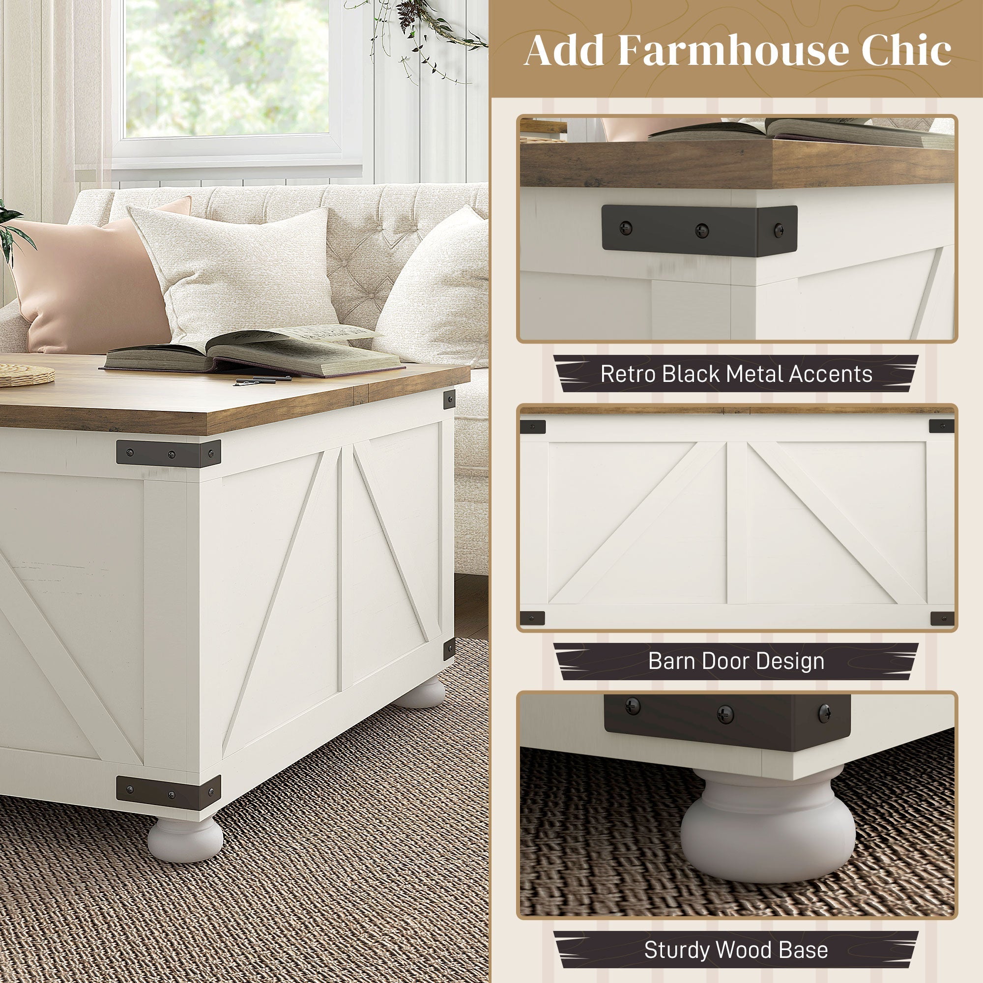 HOMCOM Antique White Farmhouse Coffee Table: Square Center Table with Flip-top Lids, Hidden Storage and Wooden Legs 