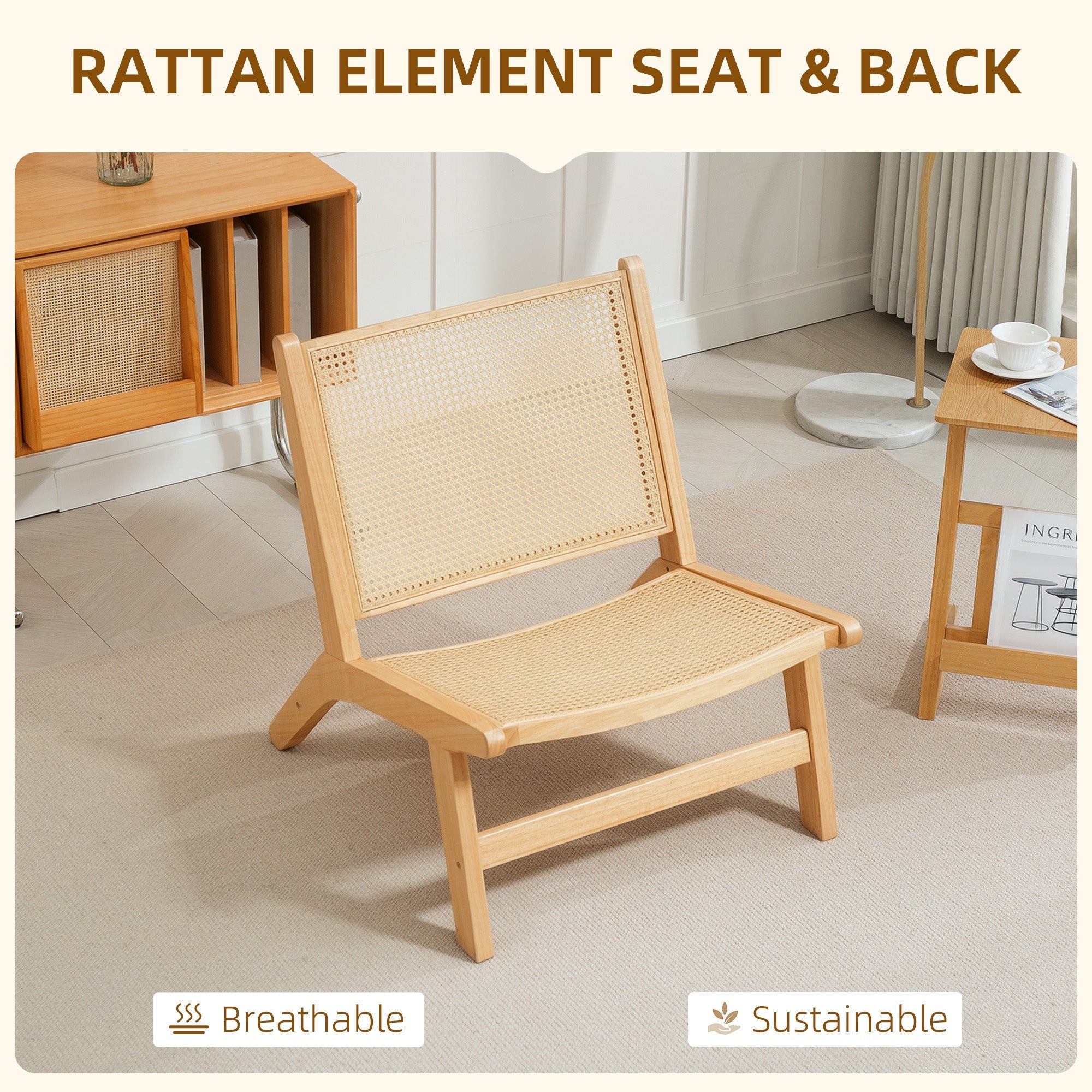 HOMCOM Rattan Accent Chair, Mid-Century Leisure Chair with Rubber Wood Frame, for Bedroom Living Room, Natural 