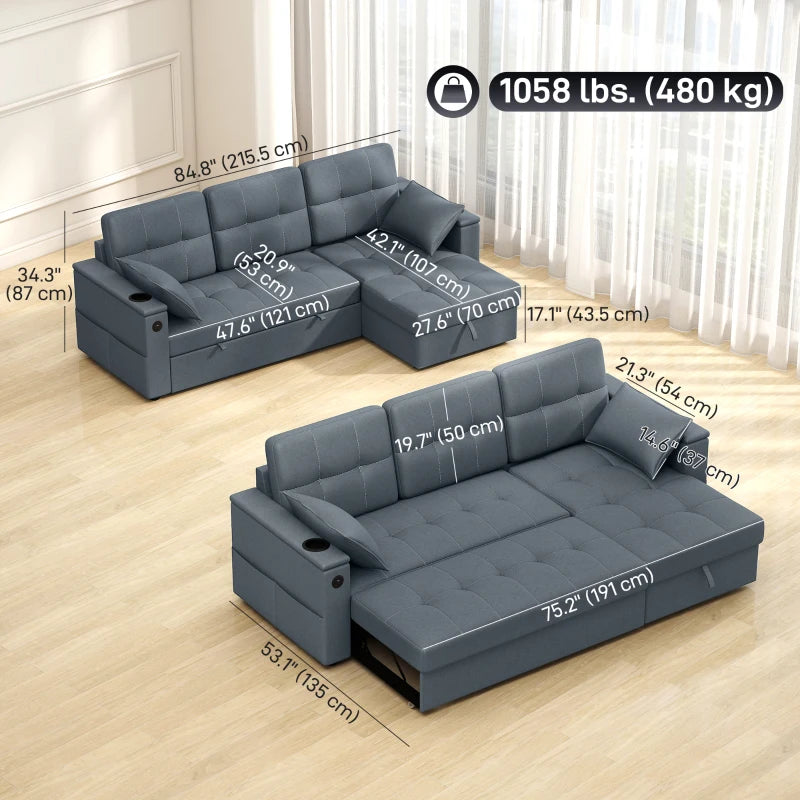 Convertible Sectional Sofa Bed, Pull Out Sleeper Sofa Couch with USB‑A+C, Chaise Storage, L-Shaped Futon Couch, Dark Grey