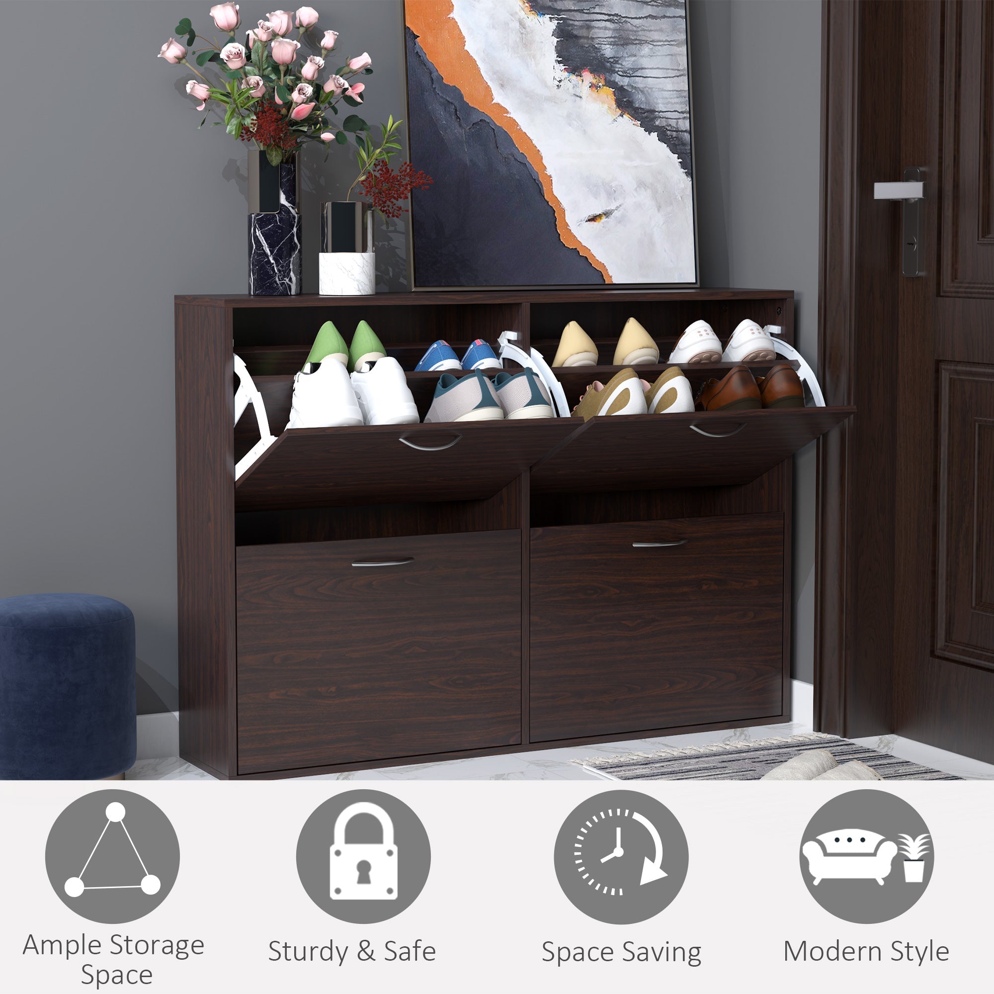HOMCOM Wooden Shoe Storage Cabinet with 4 Flip Down Drawers, Entryway Shoe Shelf Organizer in Rich Brown 