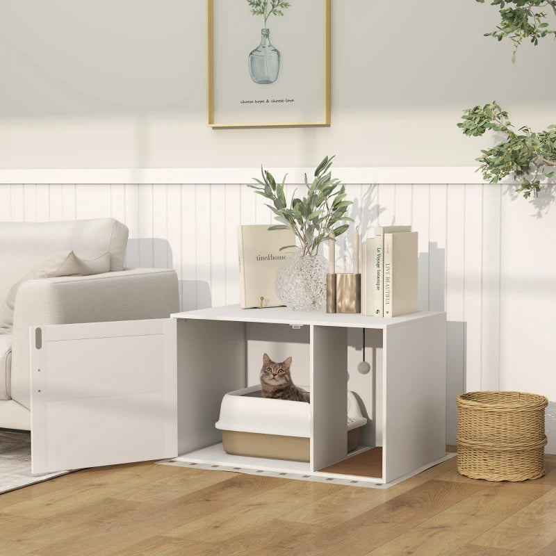 Cat Litter Box Enclosure, Cat Washroom End Side Table with Rattan Door, Scratching Pad, Non-slip Foot Pads, White