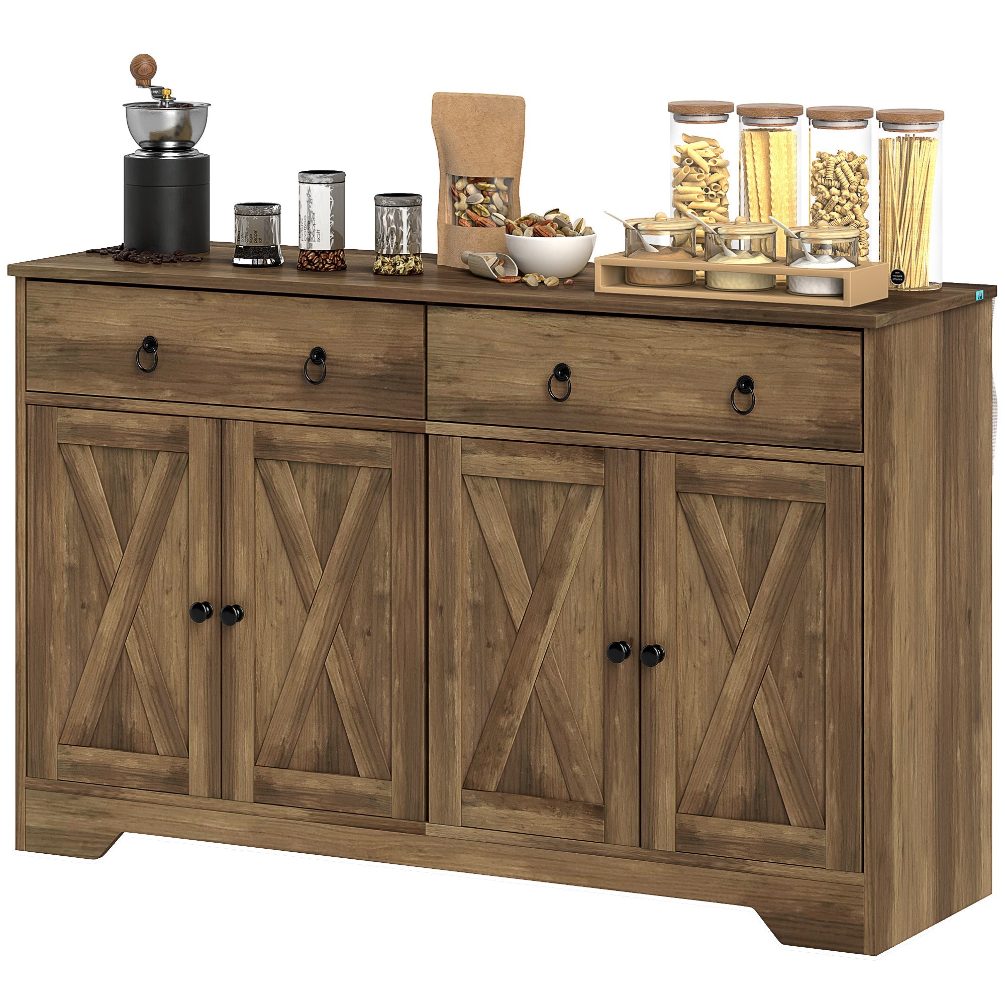 HOMCOM Sideboard Cabinet with 2 Drawers, 4 Barn Doors and 2 Adjustable Shelves, Buffet Table for Living Room, Light Brown 