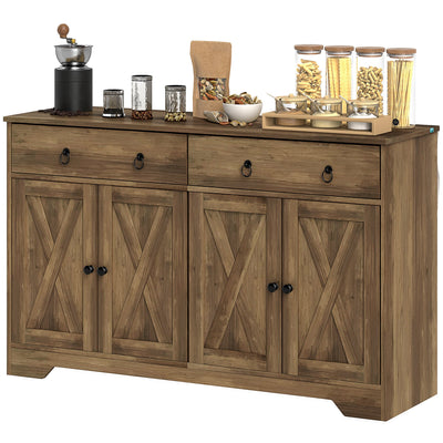 HOMCOM Sideboard Cabinet with 2 Drawers, 4 Barn Doors and 2 Adjustable Shelves, Buffet Table for Living Room, Light Brown 