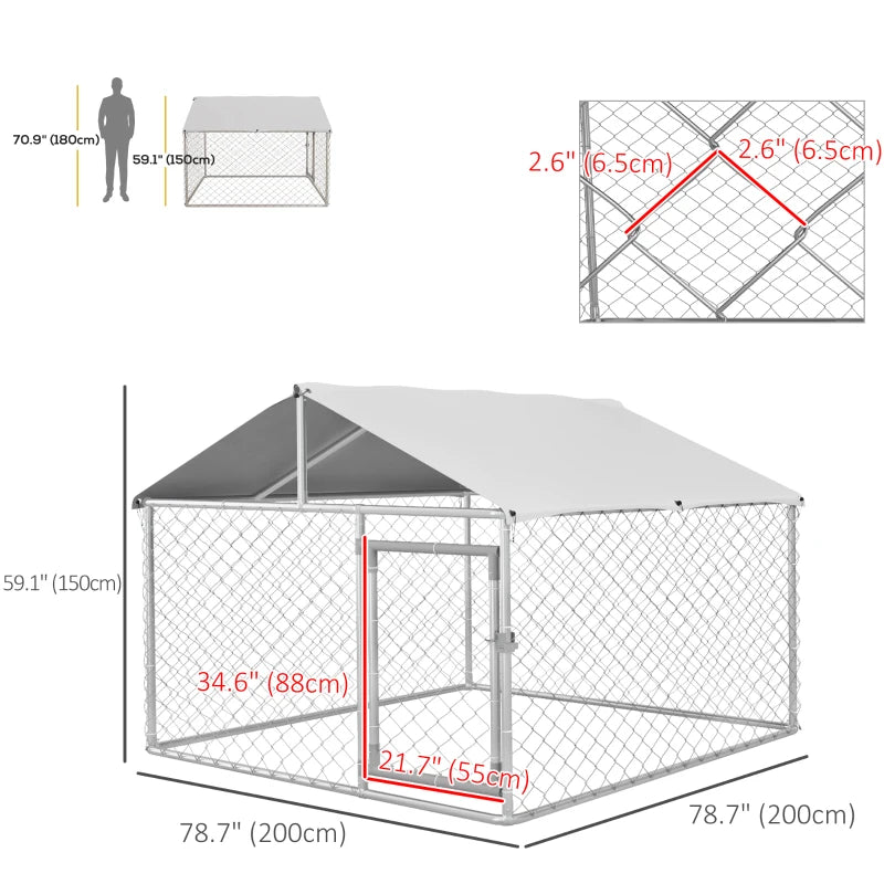 6.6' x 6.6' x 4.9' Outdoor Dog Kennel Heavy Duty Galvanized Steel Chain Link with UV-resistant Roof, Silver