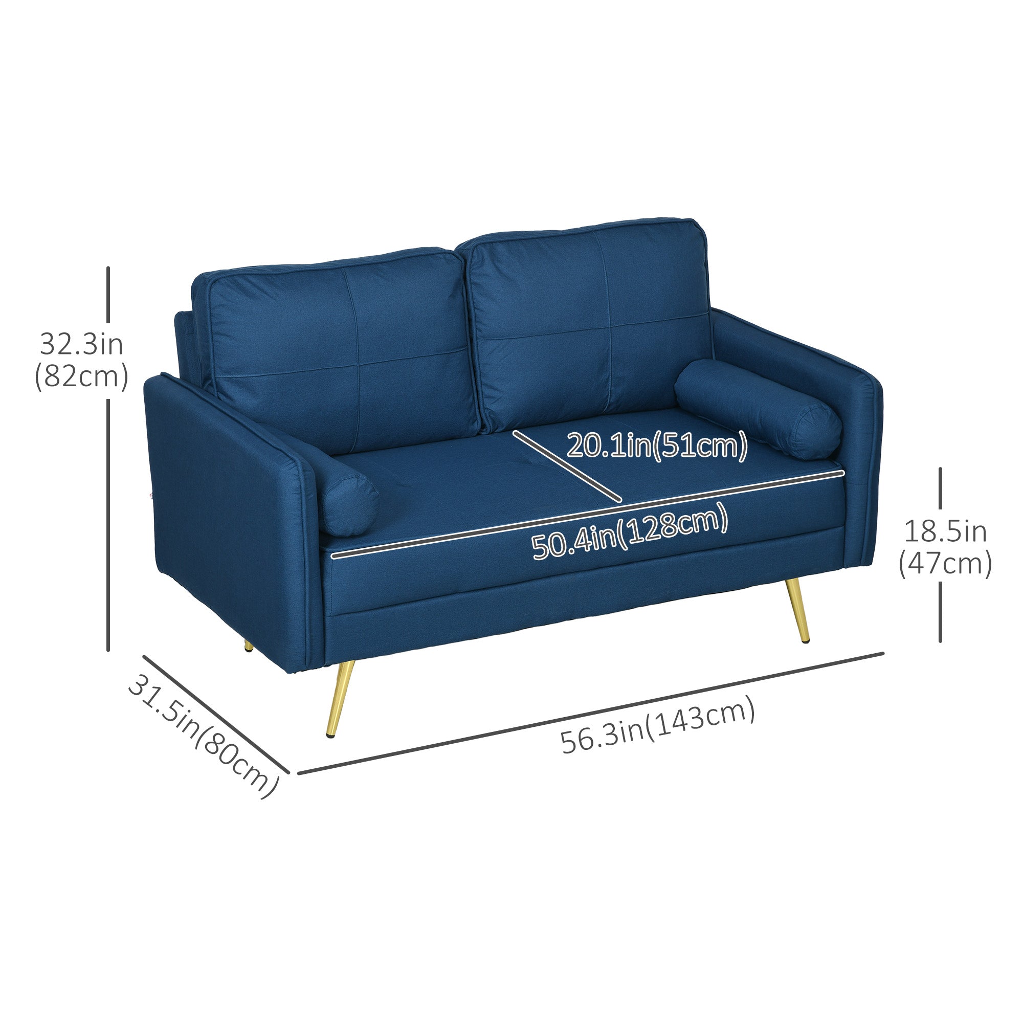 HOMCOM 56" Upholstered 2-Seater Loveseat: With Back Cushions and Pillows for Bedroom, Blue 