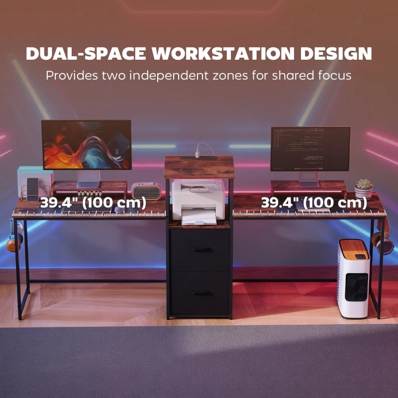 96 Inch Gaming Desk, Dual Computer Desk for 2 Person with Power Outlets and Monitor Stands, Rustic Brown