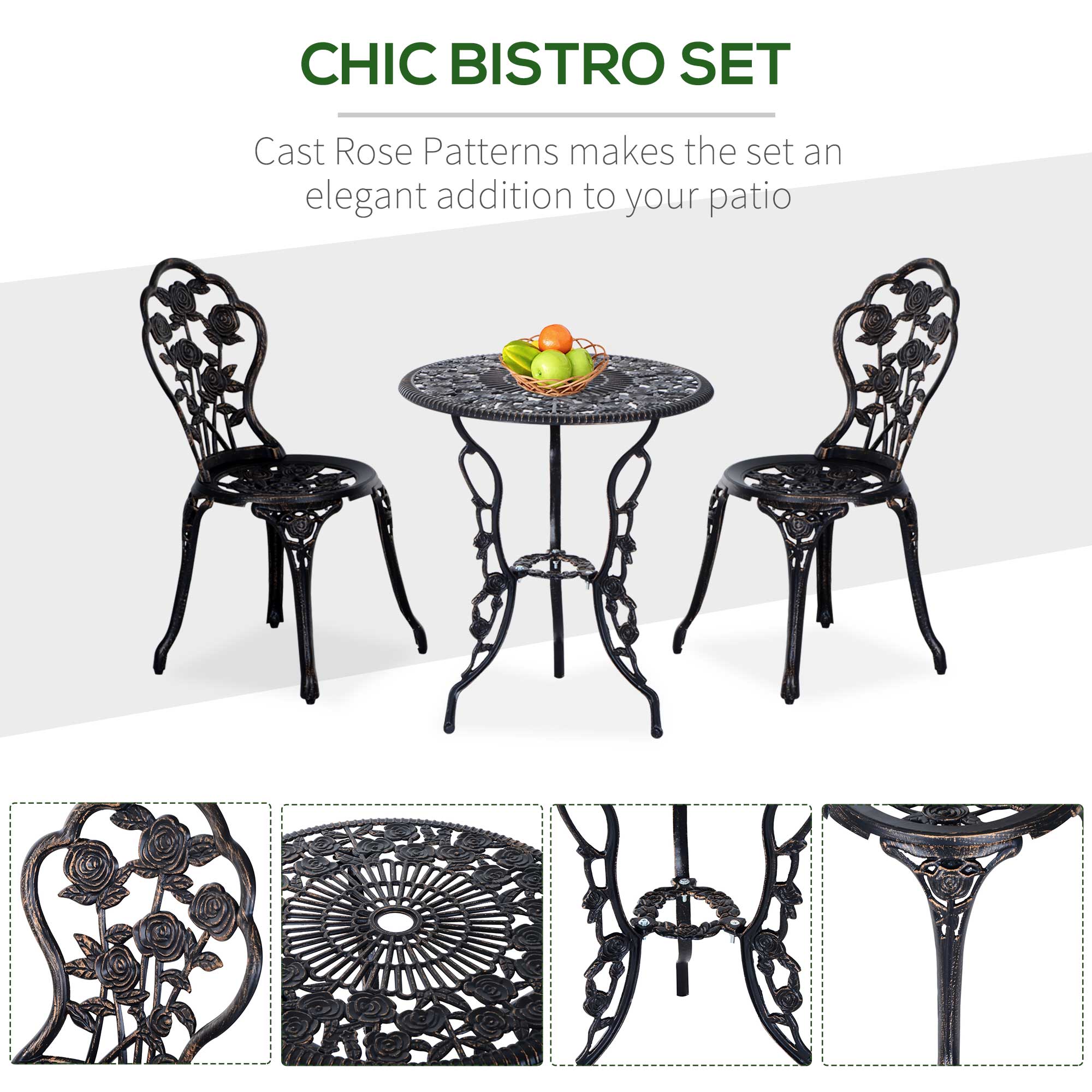 Outsunny 3PC Patio Bistro Set Cast Aluminum Outdoor Garden Table Chairs with Umbrella Hole Bronze 
