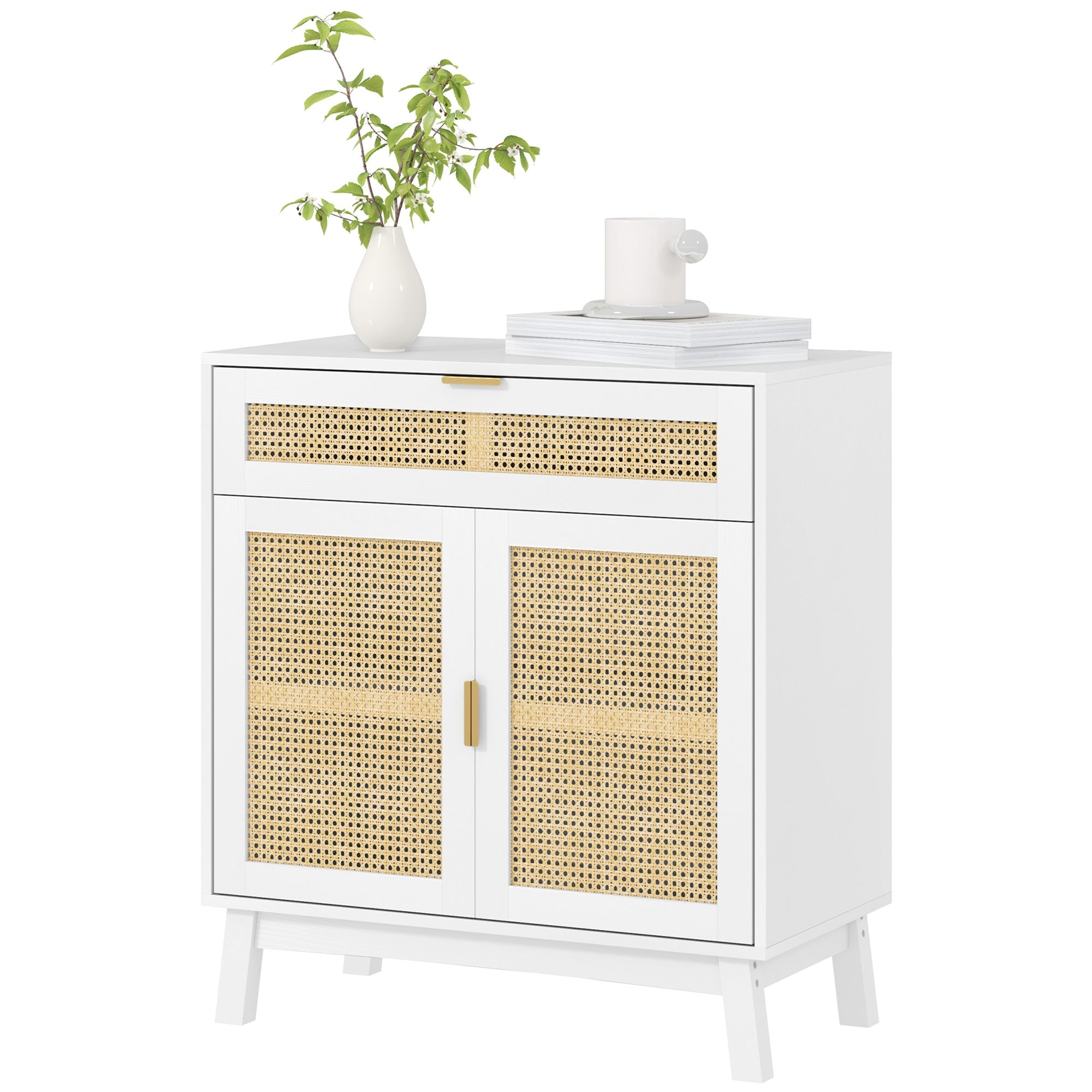 HOMCOM Boho Sideboard Storage Cabinet with Rattan Doors, White 