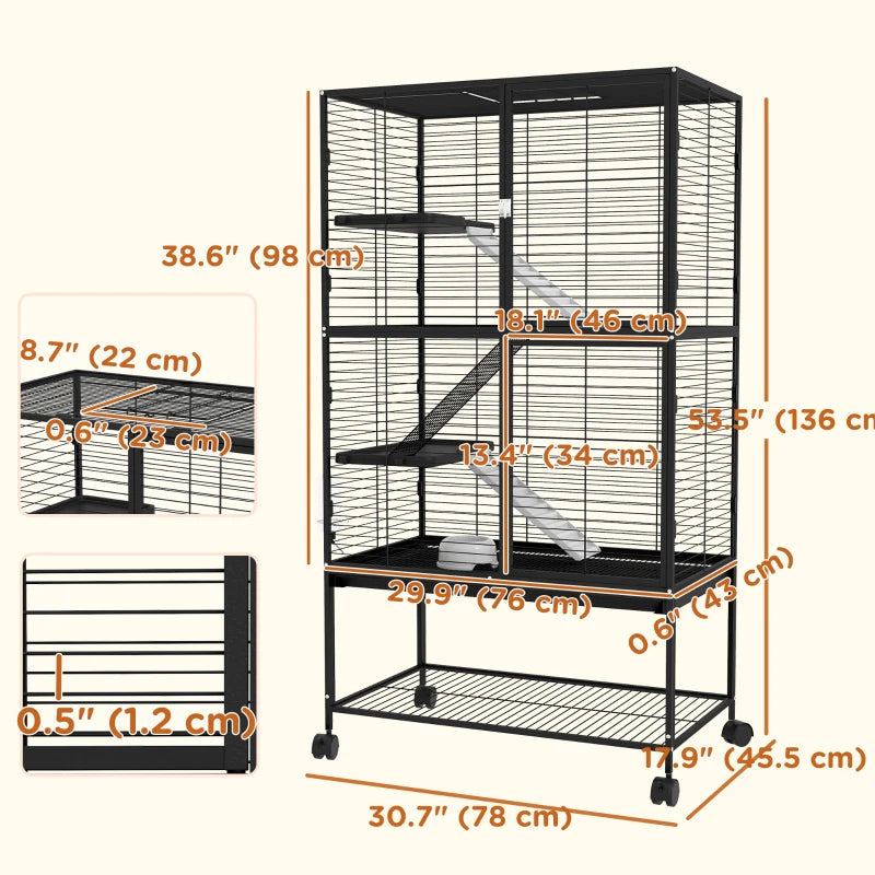 Rolling Small Animal Cage 54"H Chinchilla Cage for Ferrets, Squirrels w/ Removable Tray, Storage Shelf, Black