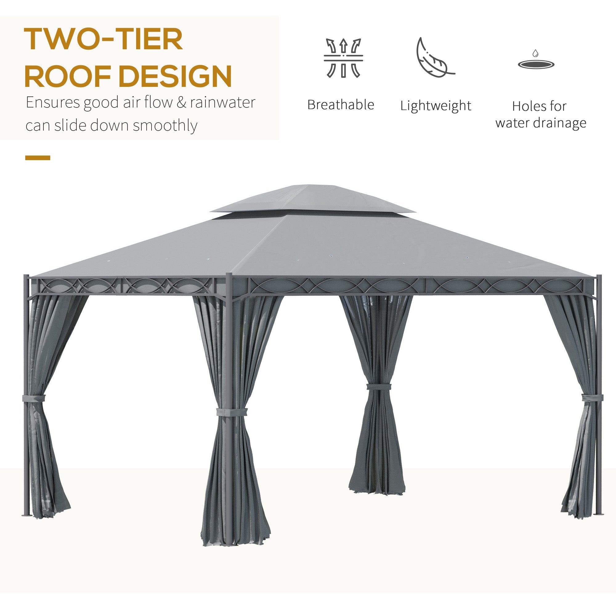 Outsunny 10'x13' Soft-top Patio Gazebo Double-Tiered covered Steel Gazebo with Curtain, Grey 