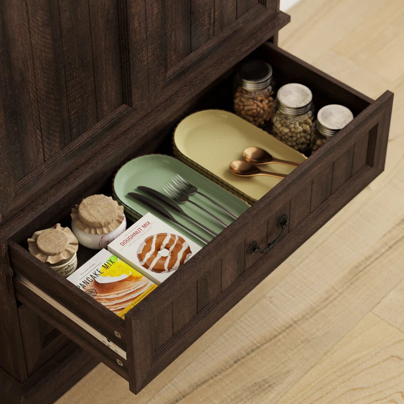 72" LED Kitchen Pantry Cabinet, Buffet Storage Cabinet with 10 Door Shelves, 2 Drawers and Adjustable Shelves, Brown