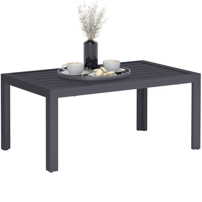 Outdoor Coffee Table, Rectangular Patio Table with Steel Frame and Slat Tabletop for Garden, Balcony, Grey