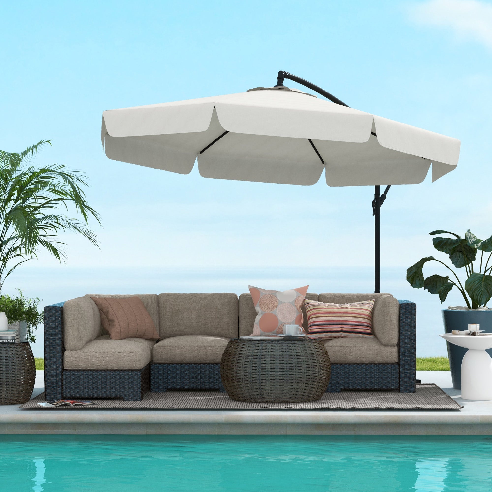 Outsunny 10ft Cantilever Offset Patio Umbrella Parasol 8 Ribs Cross Base for Outdoor Garden Shade Cream White 