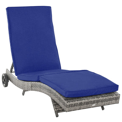 Outsunny Adjustable Wicker Chaise Lounge Chair Outdoor with Cushion Wheels for Patio Deck Poolside Dark Blue 