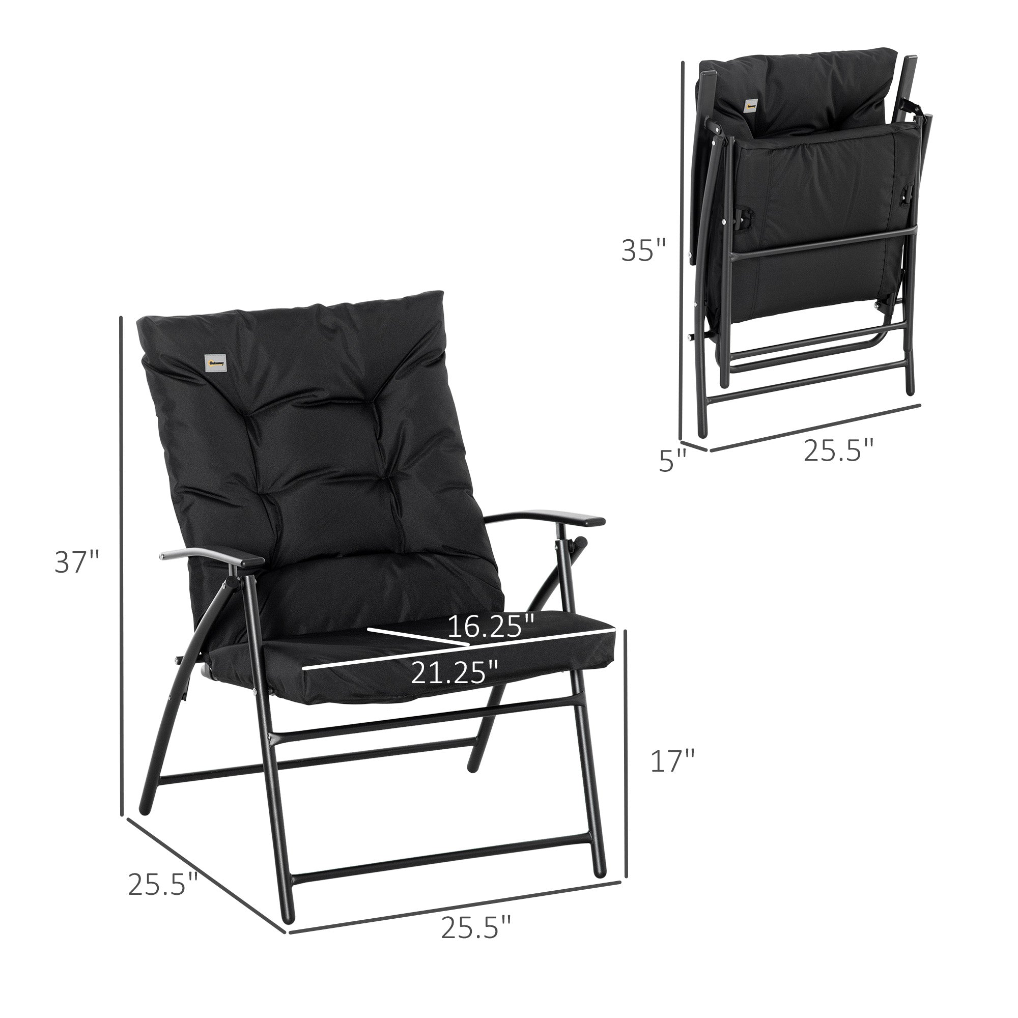 Outsunny Foldable Lounge Chair Fabric Upholstered Recliner Black Outdoor Lounger with Armrest Metal Frame Camping Beach Chair 