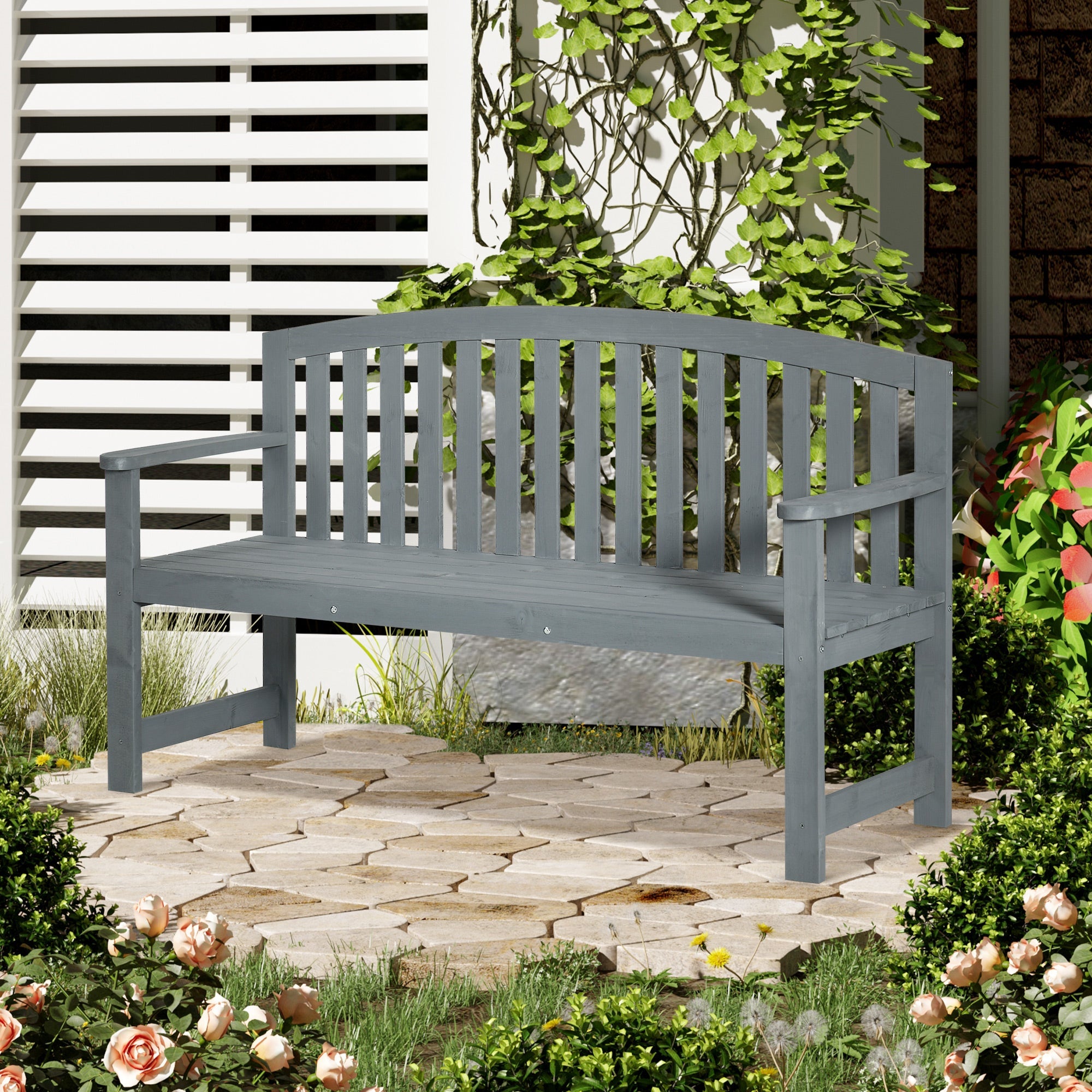 Outsunny Wooden Bench, Outdoor Bench with Slatted Design, Backrest, Armrests for Garden, Park, Backyard, Grey 
