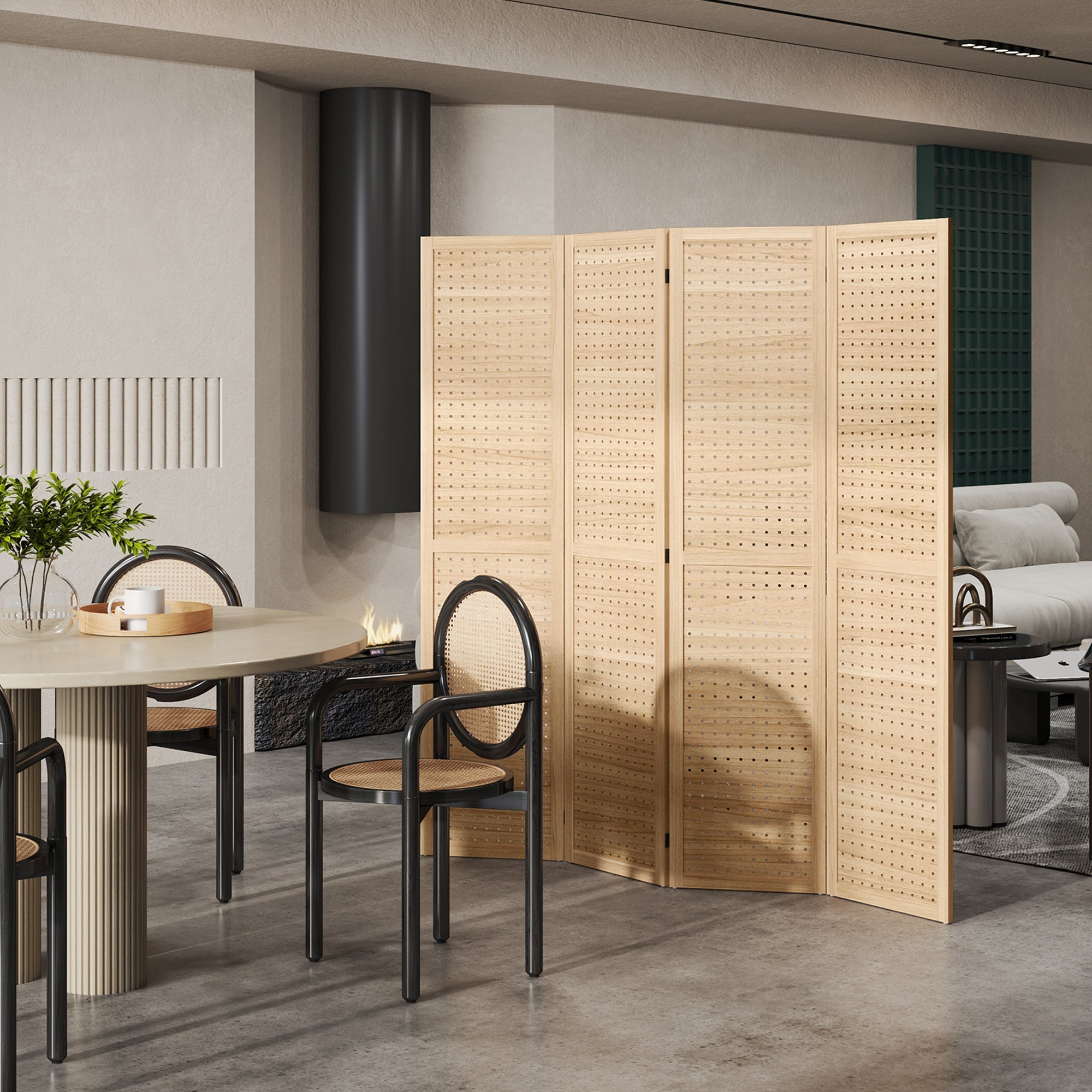 HOMCOM 4-Panel Room Divider: 5.6ft Tall Indoor Wood Portable Folding Privacy Screens with Hole Hooks, Natural 