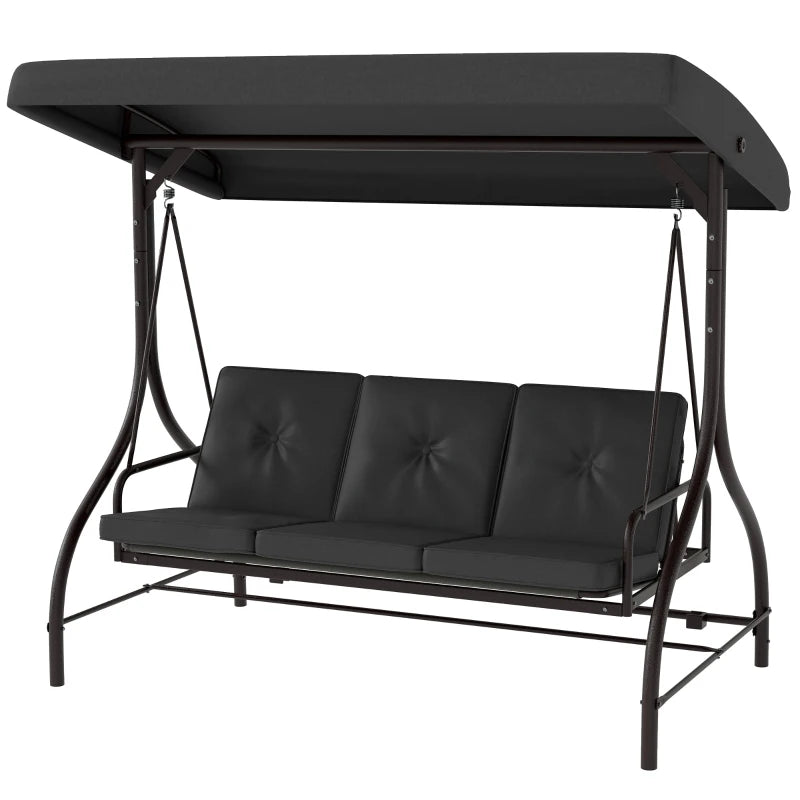Convertible Patio Swing Bed with Canopy and Cushions, 3 Seater Porch Swing for Outdoor, Backyard, Garden, Dark Grey