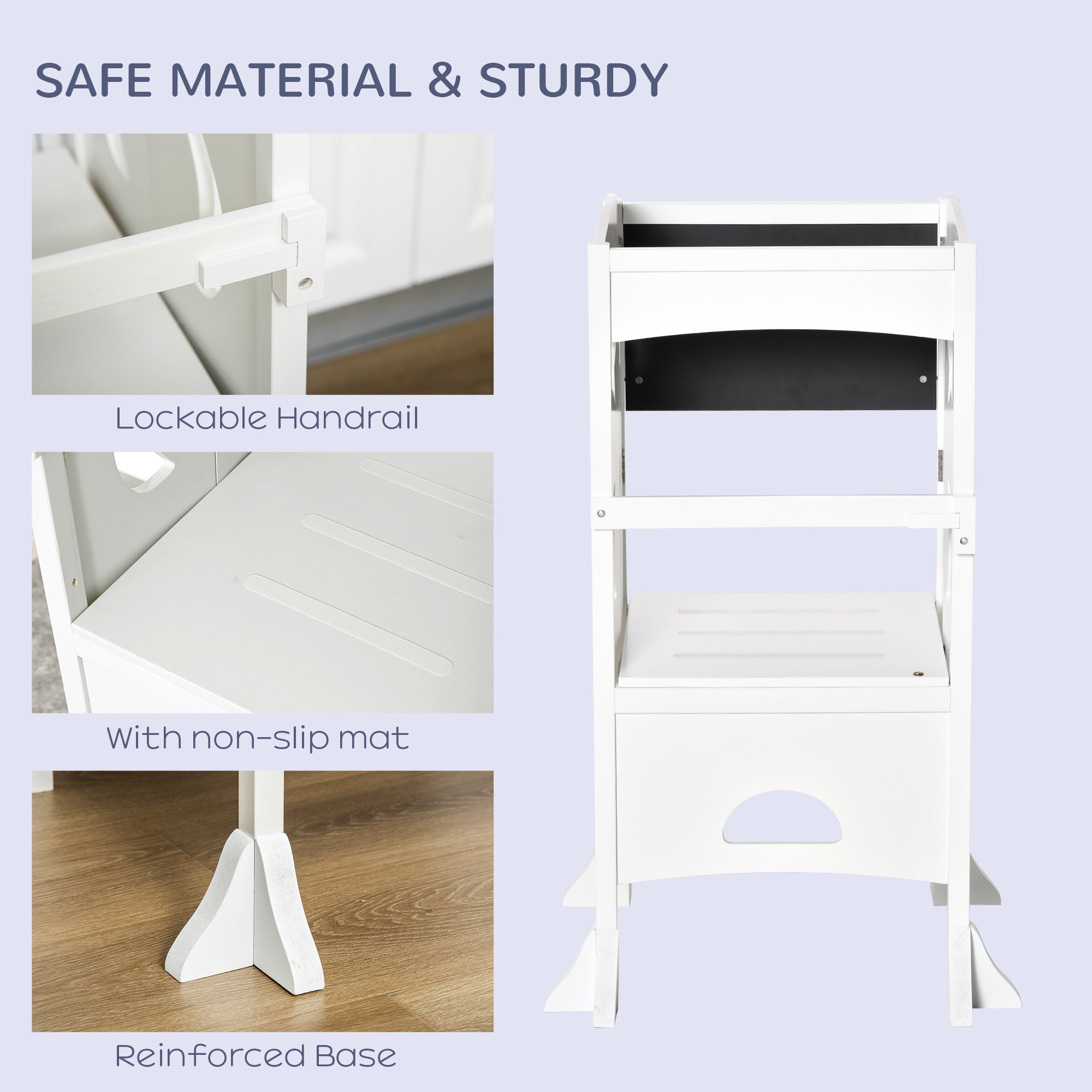 Qaba Foldable Toddler Kitchen Stool with Blackboard & Safety Handrail in White for Ages 3-6 
