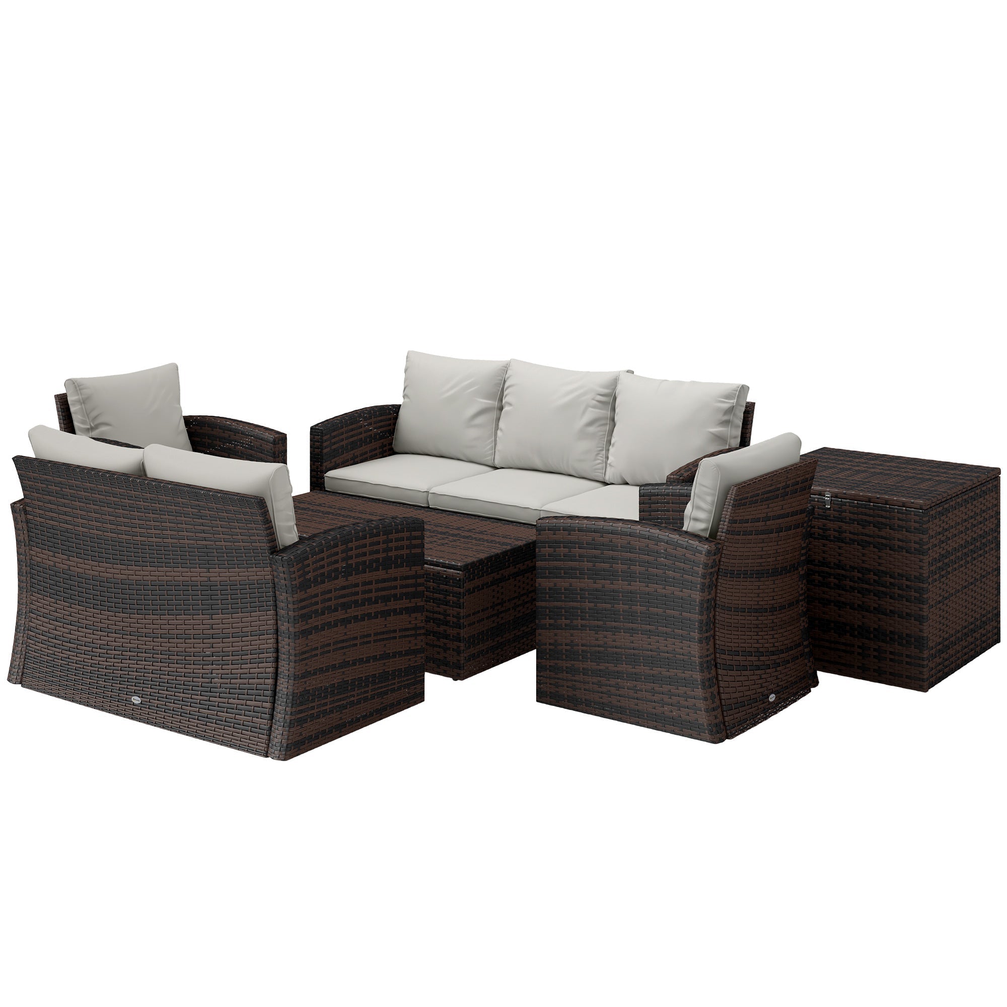 Outsunny 6 Piece Patio Furniture Set, Rattan Wicker Patio Sofa Set Sectional Outdoor Conversation Sofa Set Storage Table & Cushions, Cream White 