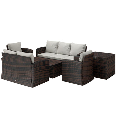 Outsunny 6 Piece Patio Furniture Set, Rattan Wicker Patio Sofa Set Sectional Outdoor Conversation Sofa Set Storage Table & Cushions, Cream White 