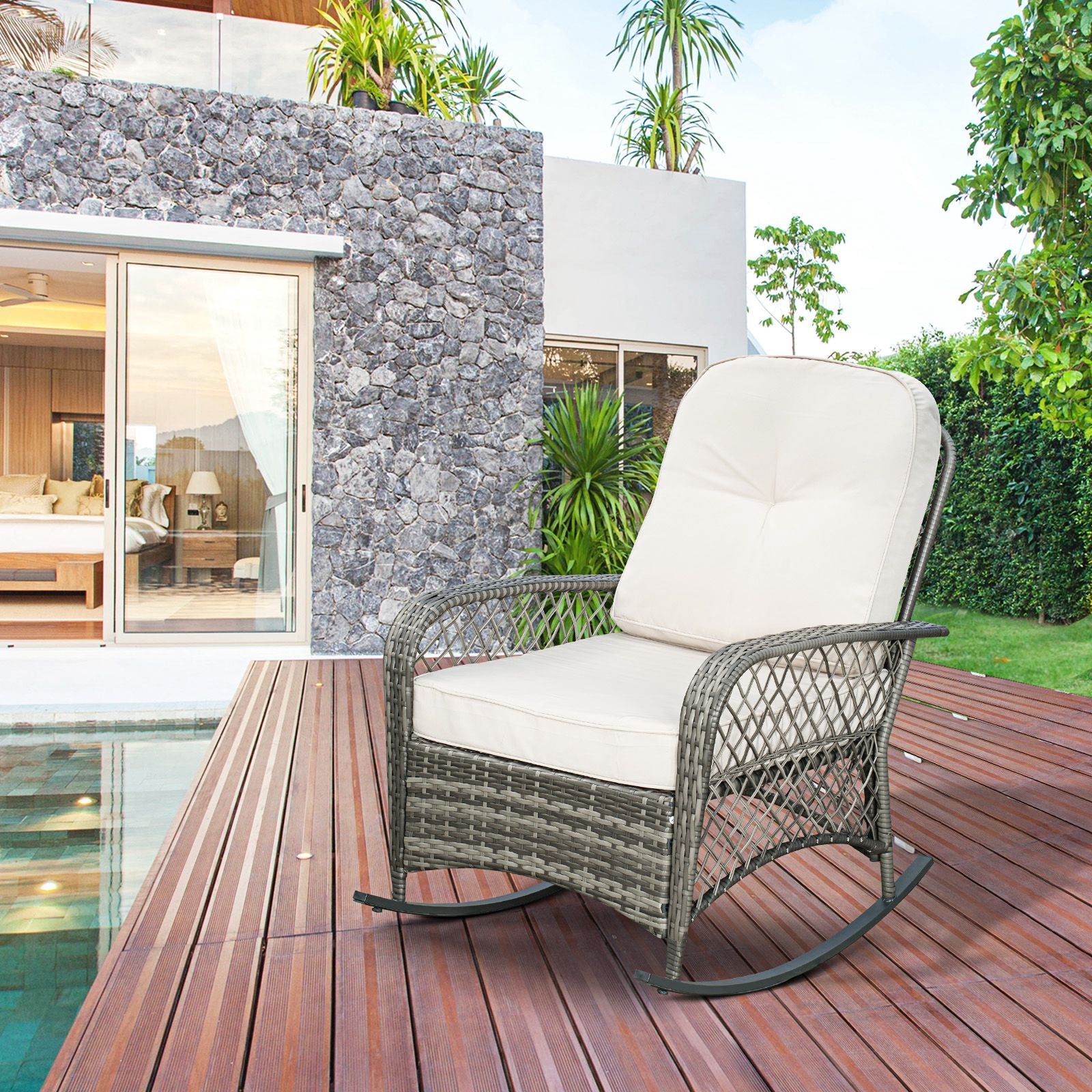 Outsunny PE Rattan Rocking Chair Outdoor Patio Wicker Recliner with Soft Cushion for Garden Backyard Porch Khaki 