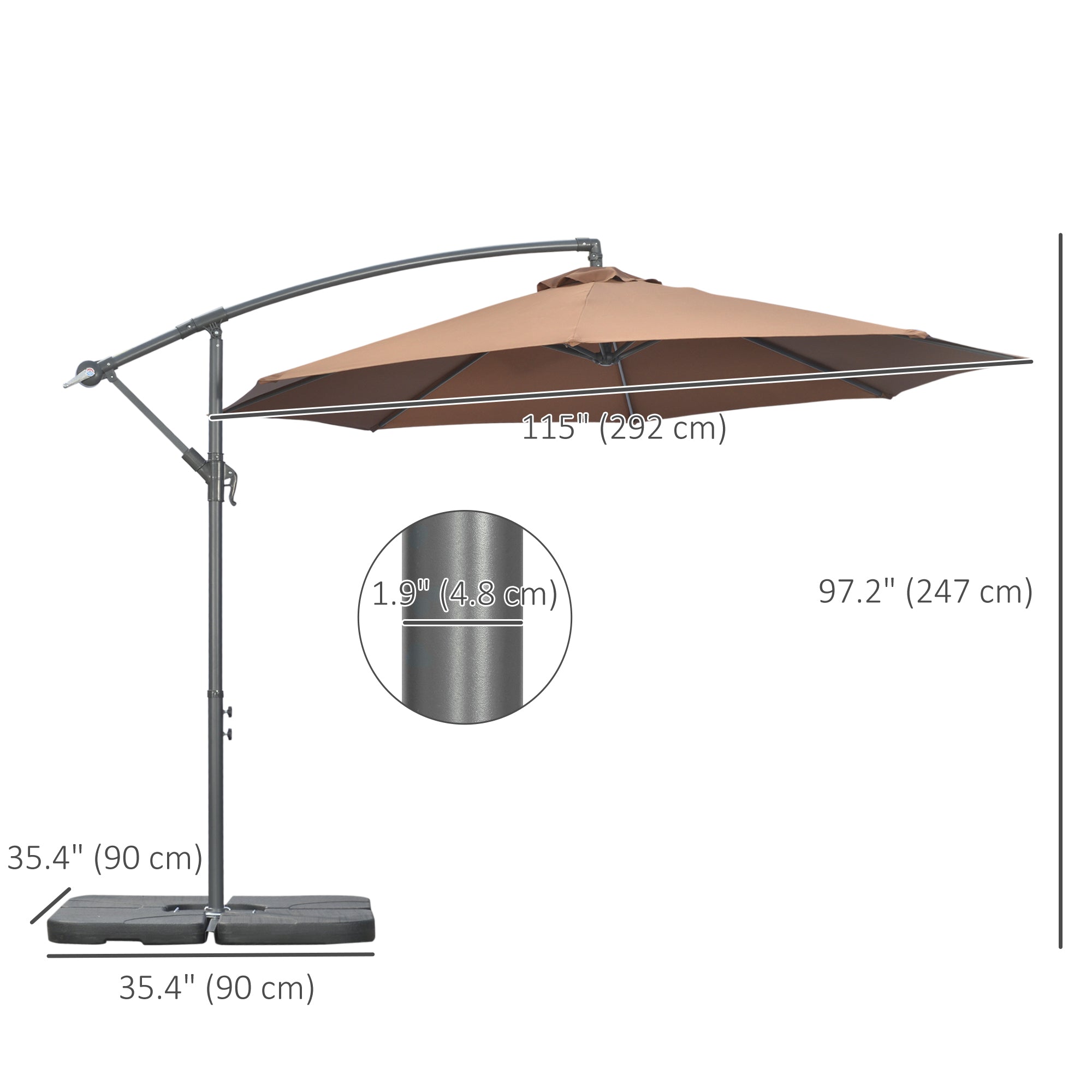 Outsunny 9.6ft Cantilever Patio Umbrella: Outdoor Hanging Parasol with UV Resistant Canopy, Crank & Base, Coffee 