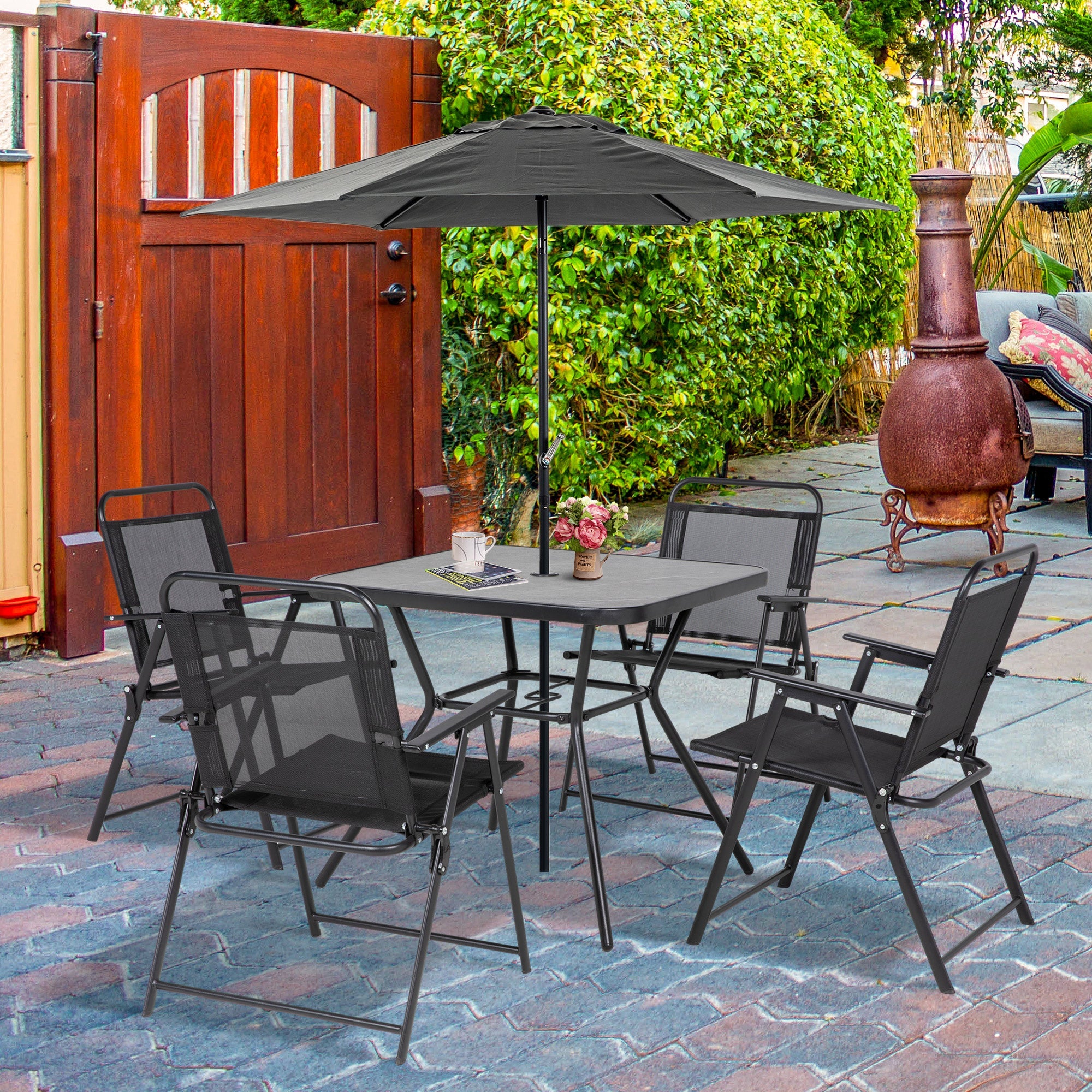 Outsunny 5-Piece Outdoor Dining Set Foldable Chairs Umbrella Hole Wood-plastic Table Mesh Seat Black 