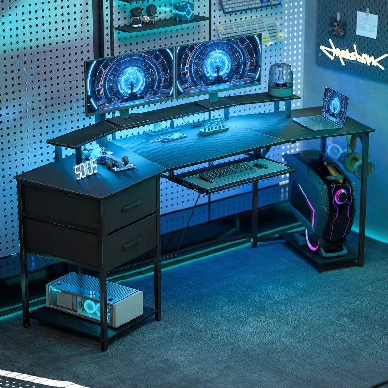 79 inch Gaming Desk with RGB Lights, Computer Table with Power Outlets & USB Ports, Keyboard Tray and 2 Drawers, Black