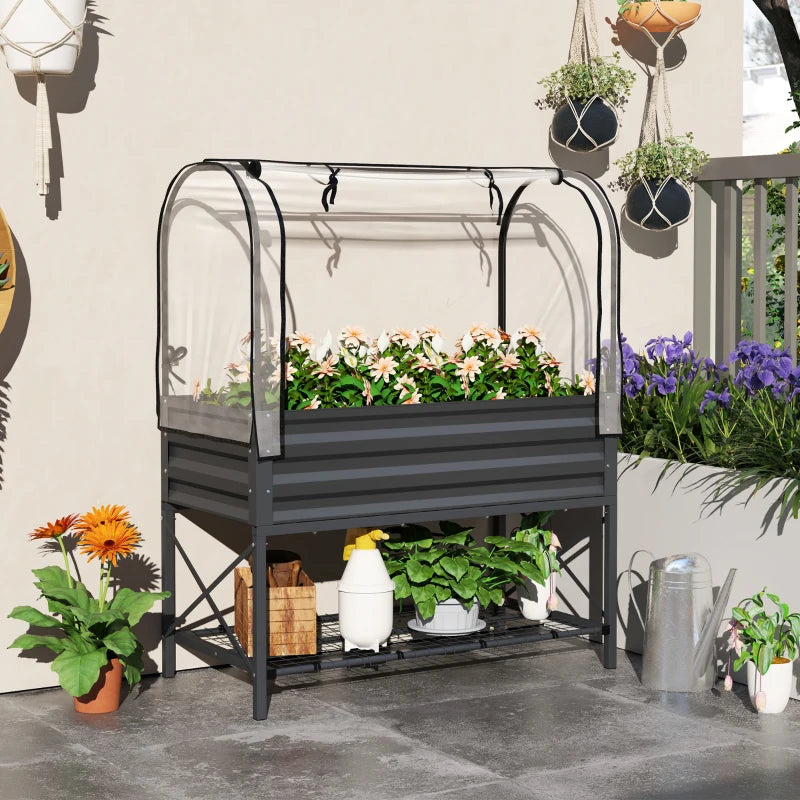 Raised Garden Bed with Cover, Metal Elevated Planter Box with Bottom Shelf and Liner, Dark Grey