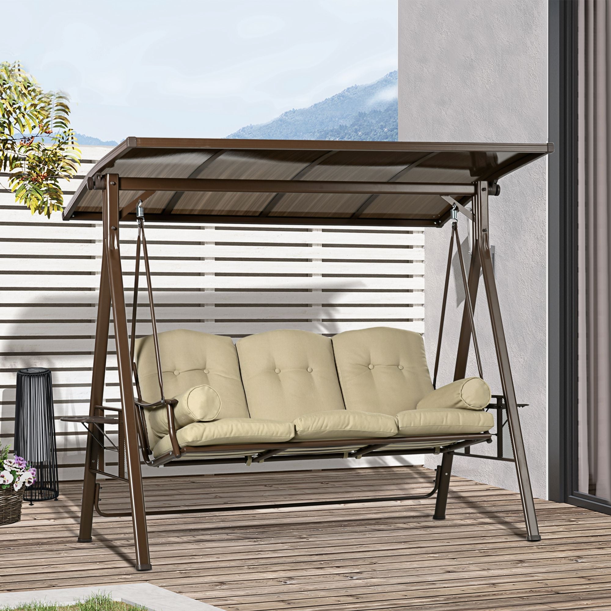 Outsunny 3-Seat Outdoor Canopy Swing Chair, Comfortable Glider with Cushion & Pillows, Adjustable Polycarbonate Roof for Porch 