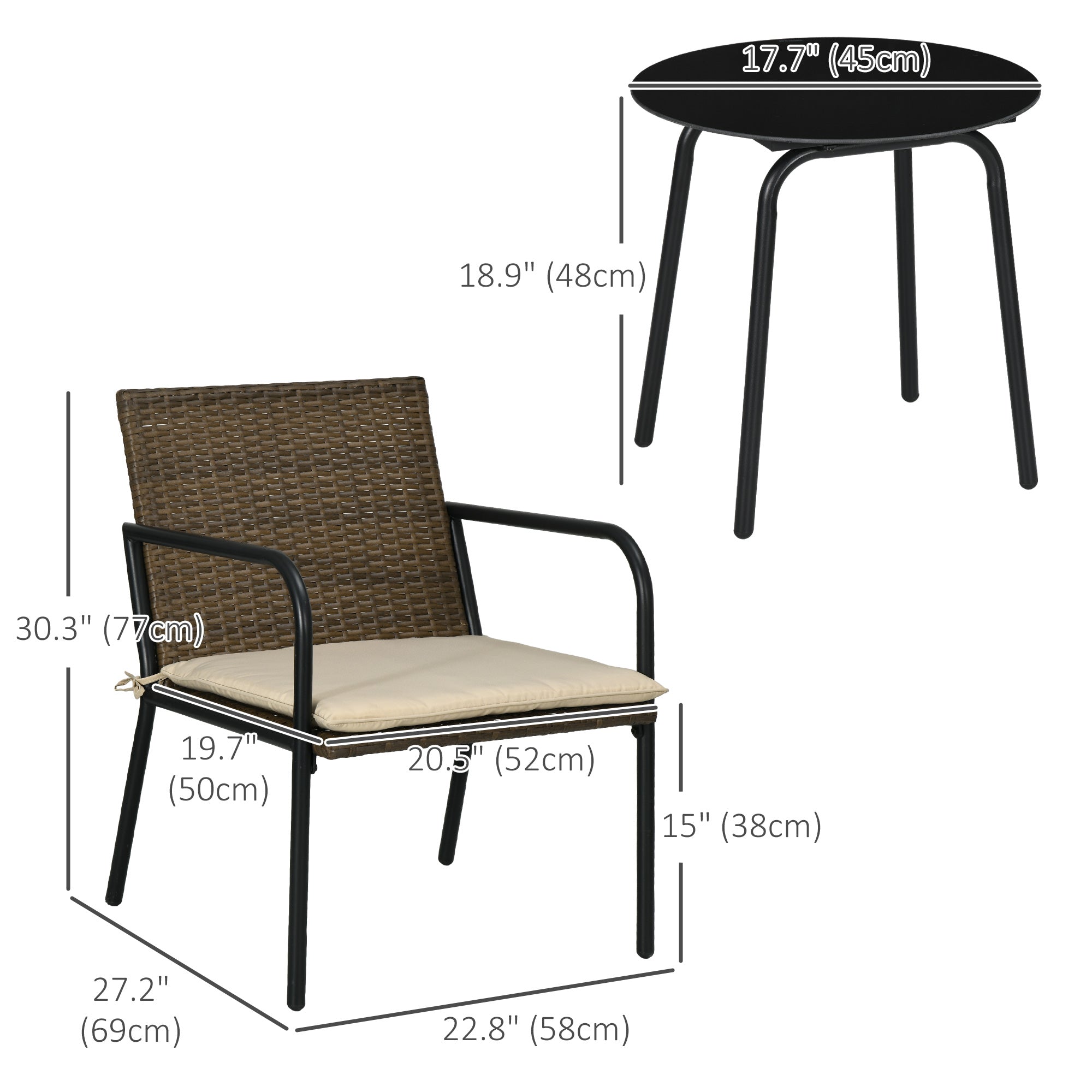Outsunny 3 Pieces Outdoor Wicker Furniture Set with Soft Cushions Tempered Glass Coffee Table for Garden, Backyard, Khaki 