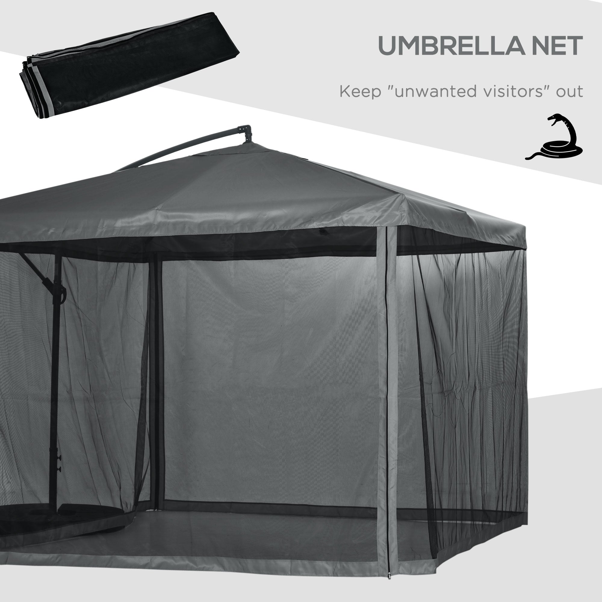 Outsunny Offset Patio Umbrella with Net and Umbrella Base, Adjustable Cantilever Canopy with Cross Base, Weight Plates & 8 Ribs 