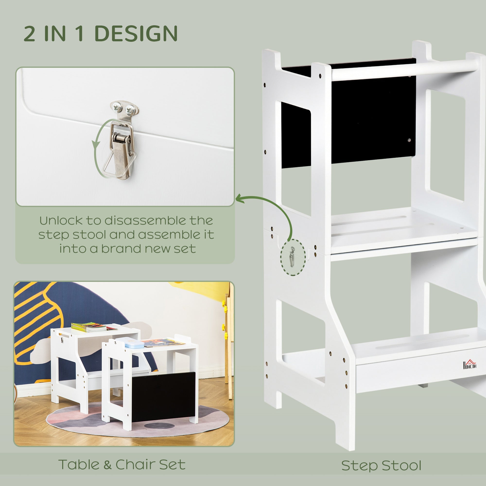 HOMCOM 2-in-1 Versatile Wonder: Convertible Kids Step Stool to Table & Chair Set, Playful White Finish for Learning & Fun 