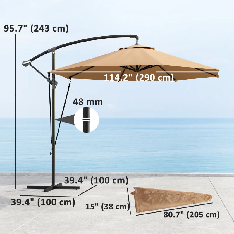 9.5' Cantilever Umbrella with Wind Protection Strap and Cover, Hanging Umbrella with Crank and Cross Base, Khaki