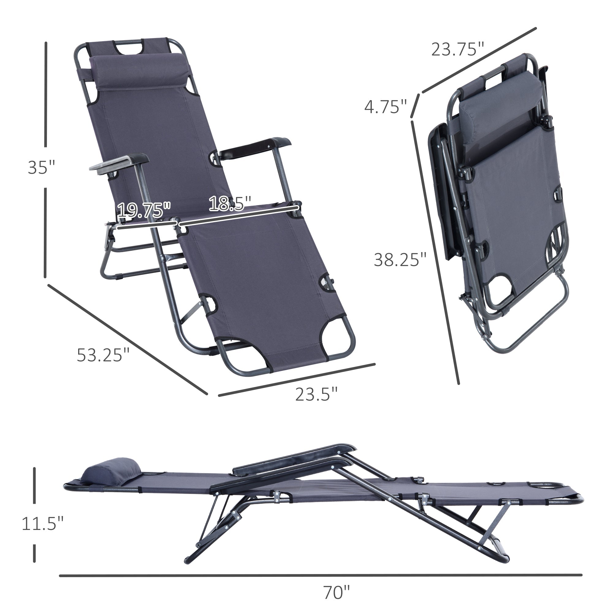 Outsunny Adjustable Folding Chaise Lounge Chair Portable Recliner Sun Lounger Outdoor Garden Seat with Pillow Grey 