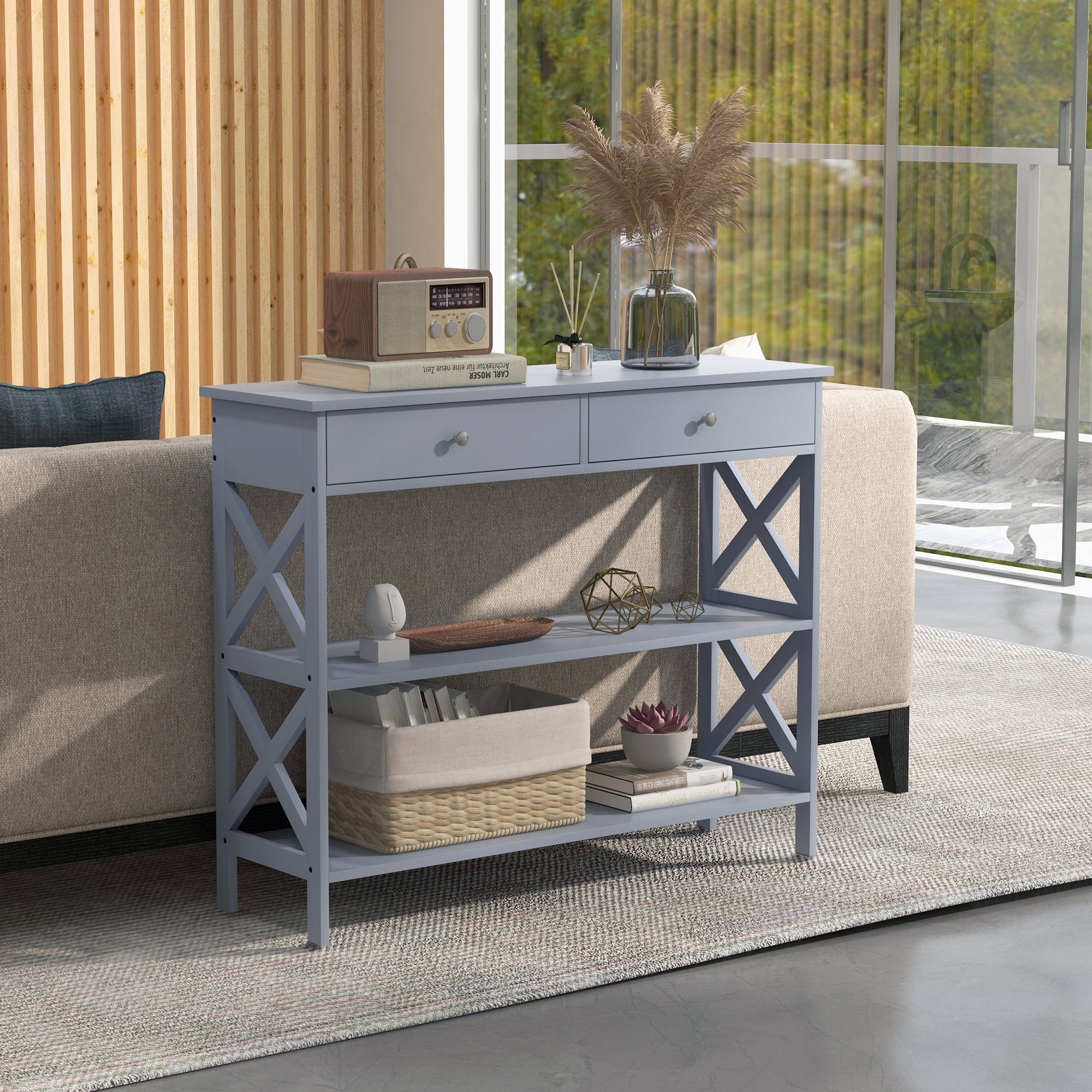 HOMCOM Modern Console Table: Entryway Table with Drawers & Shelves for Living Room/Hallway, Grey 