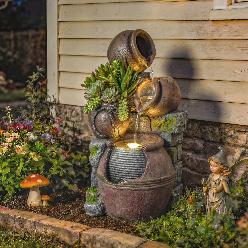 Outdoor Fountain with 4-Tier Rustic Pot Design, Cascading Rock Waterfall with LED Lights and Adjustable Flow