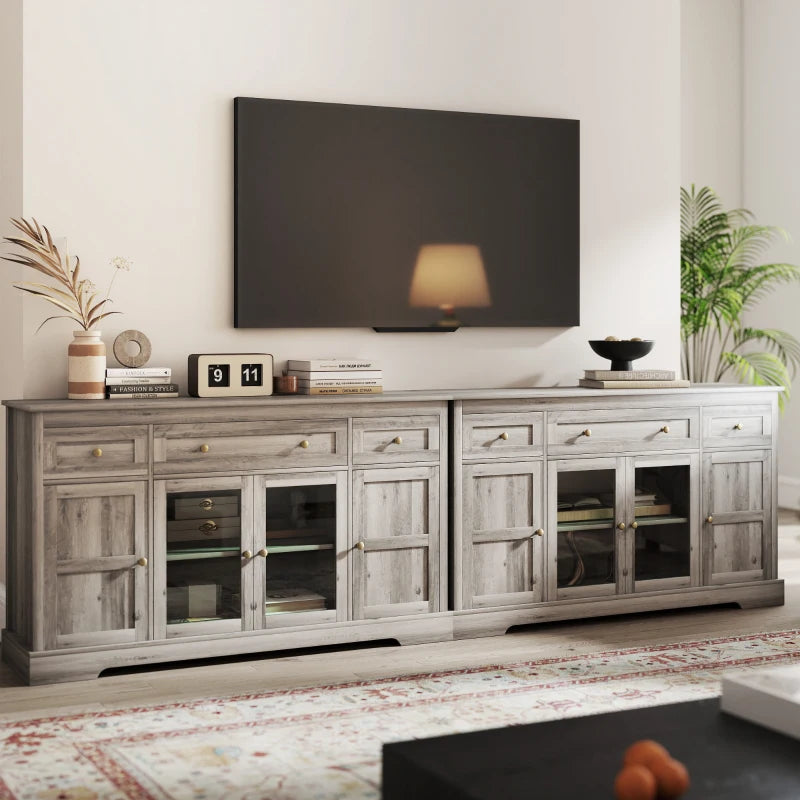 Dining Room Sideboard Buffet Cabinet with Storage, Coffee Bar Cabinet with Glass Doors and Adjustable Shelves, Weathered Grey Oak