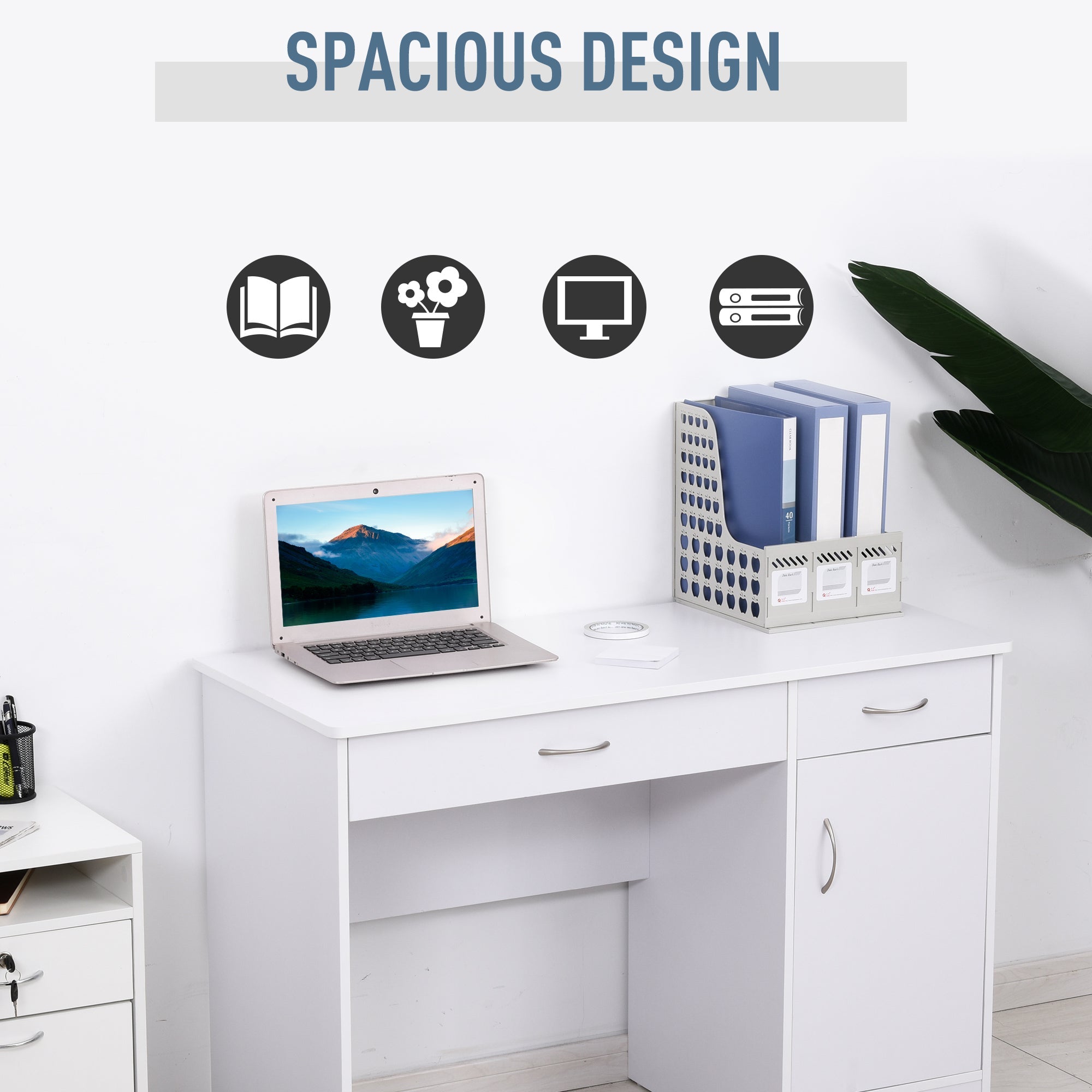 HOMCOM White Writing Desk with Drawers & Locker for Home Office Study Workstation Table 